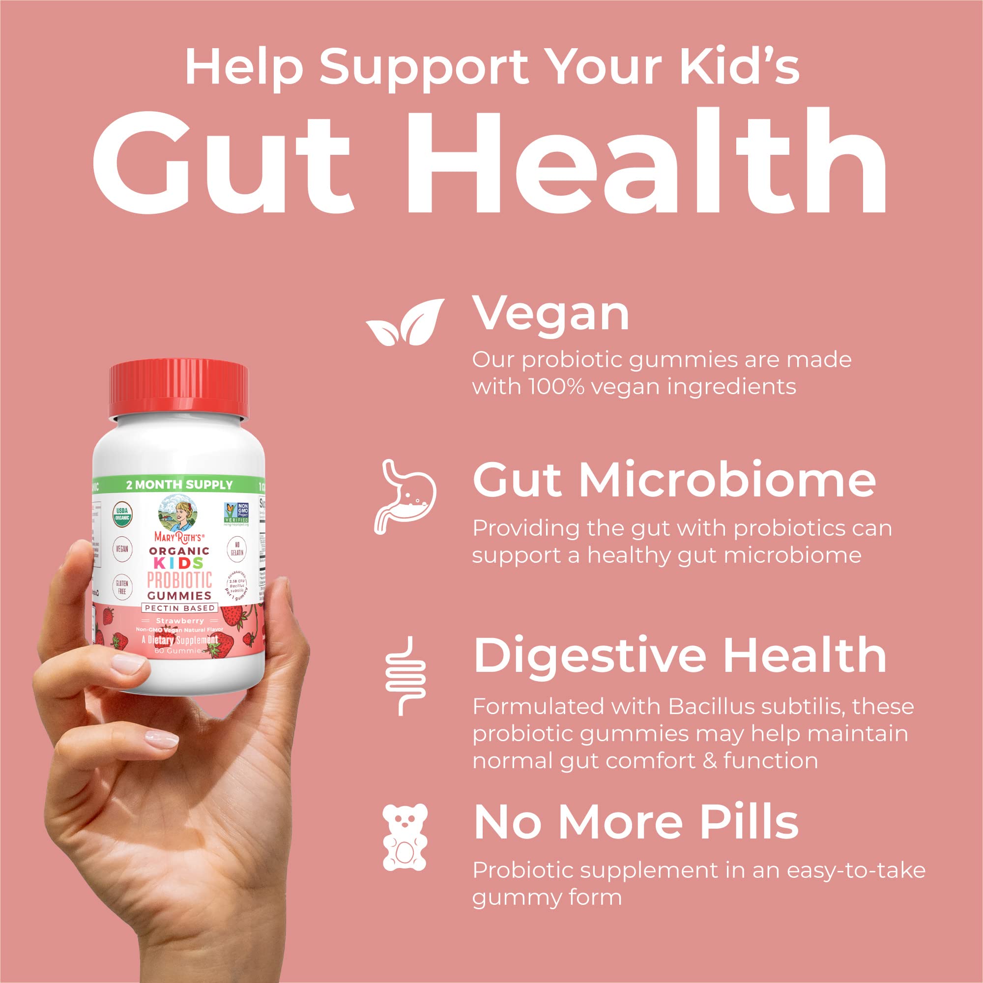 MaryRuth Organics Probiotic | USDA Organic Probiotic Gummies | Probiotic Digestive Support | Immune Support | Digestive & Gut Health Supplement | Vegan | Non-GMO | Gluten Free | 60 Count