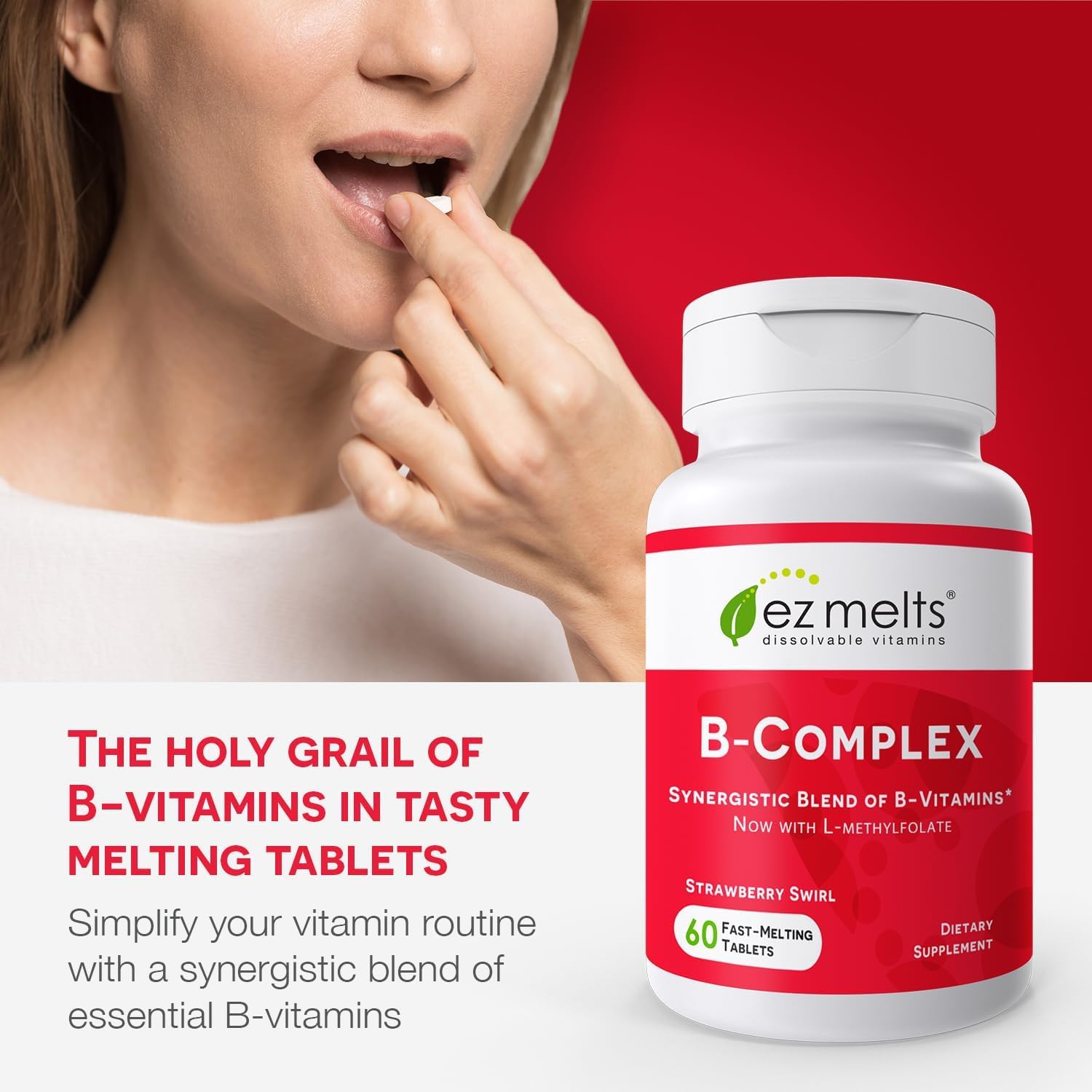 EZ Melts Dissolvable Vitamin B-Complex Tablet with Methyl B12 & Methyl Folate, Sugar-Free, 2-Month Supply