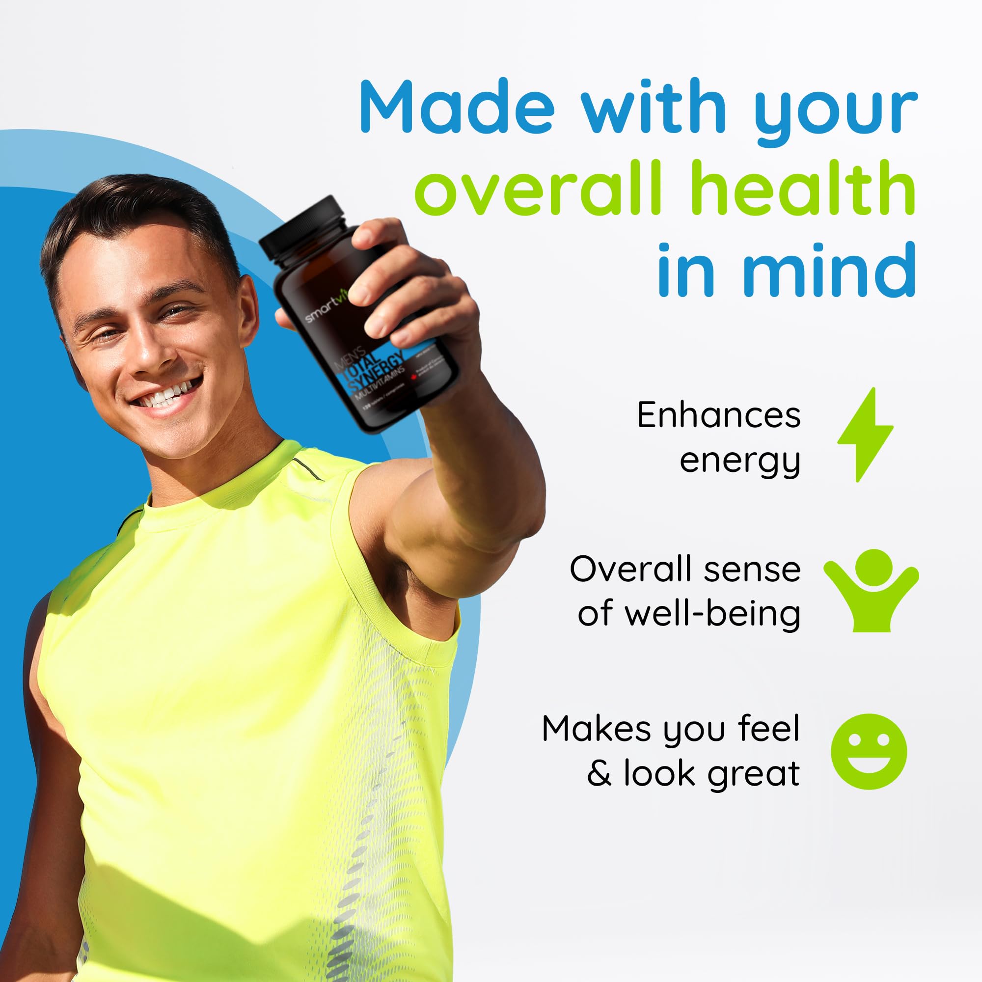 Smartvita - Total Synergy Multivitamins for Men, Vegan Multivitamins and Saw Palmetto for Men for Energy/Vitality, Brain, Heart and Eye Health, for Men Ages 25-65 Plus, 120 Tablets