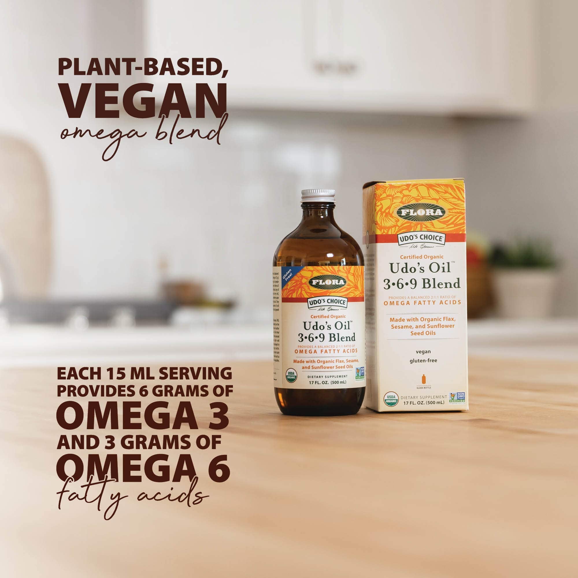 Flora - Udo's Choice Omega 369 Oil Blend, Made with Organic Flax, Sesame & Sunflower Seed Oils, Plant-Based Vegan Omega Fatty Acids, Based on Ideal 2:1:1 Ratio, 17-fl, oz. Glass Bottle