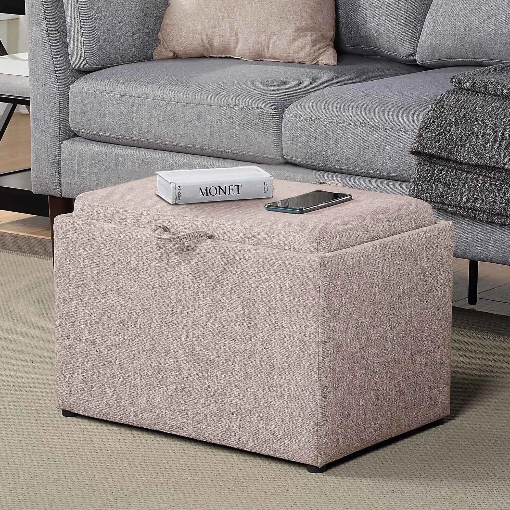 Multi-Functional Tan Fabric Ottoman with Reversible Tray and Storage