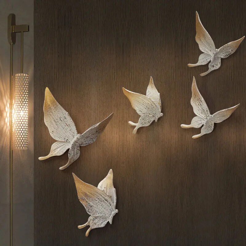 Elegant 5-Piece White & Gold 3D Butterfly Wall Decor - Resin Sculptures for Home