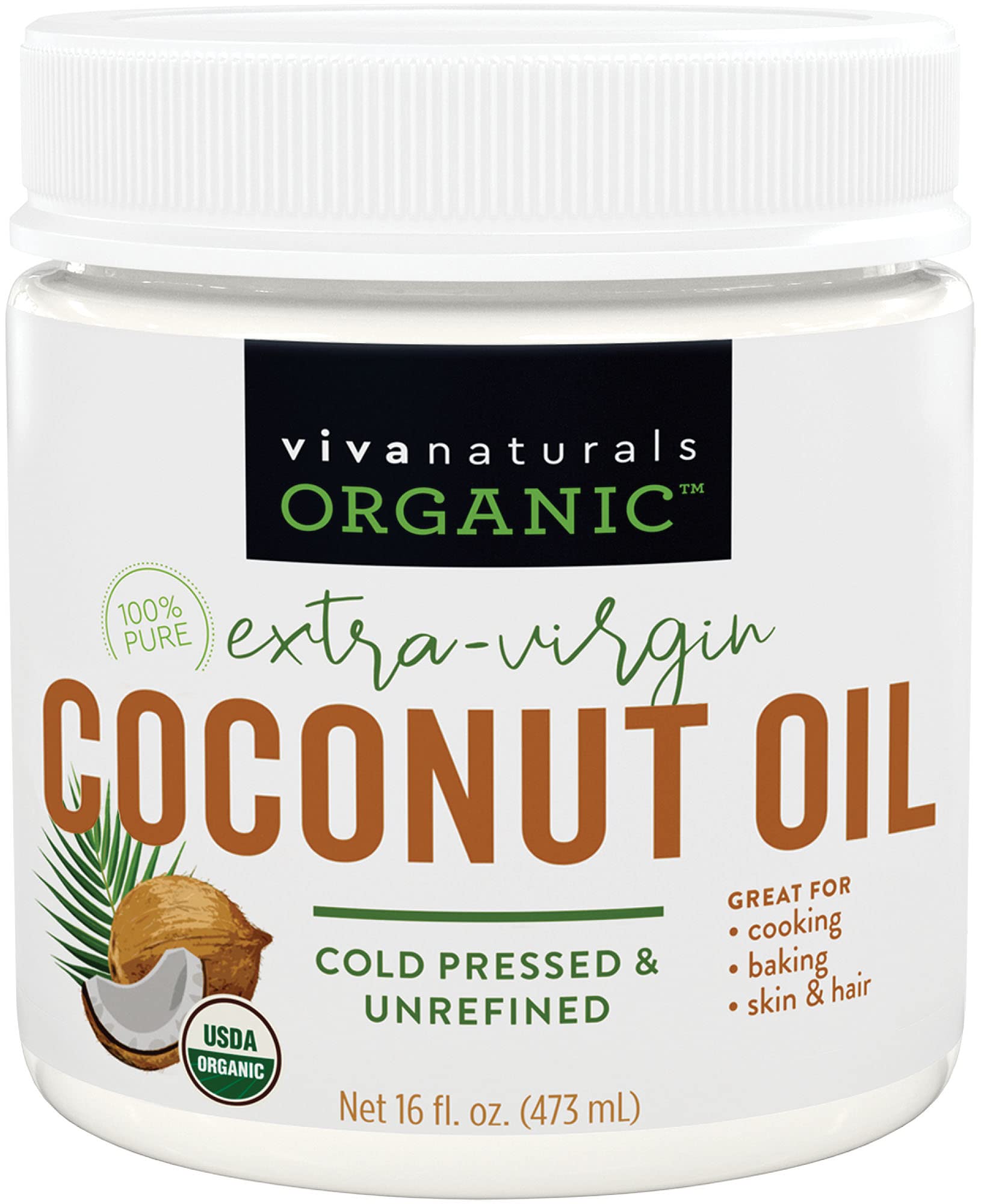 Organic Coconut Oil, Cold-Pressed - Natural Hair /Skin Oil and Cooking Oil with Fresh Flavor, Non-GMO Unrefined Extra Virgin(Aceite de Coco), USDA Organic, 16 oz