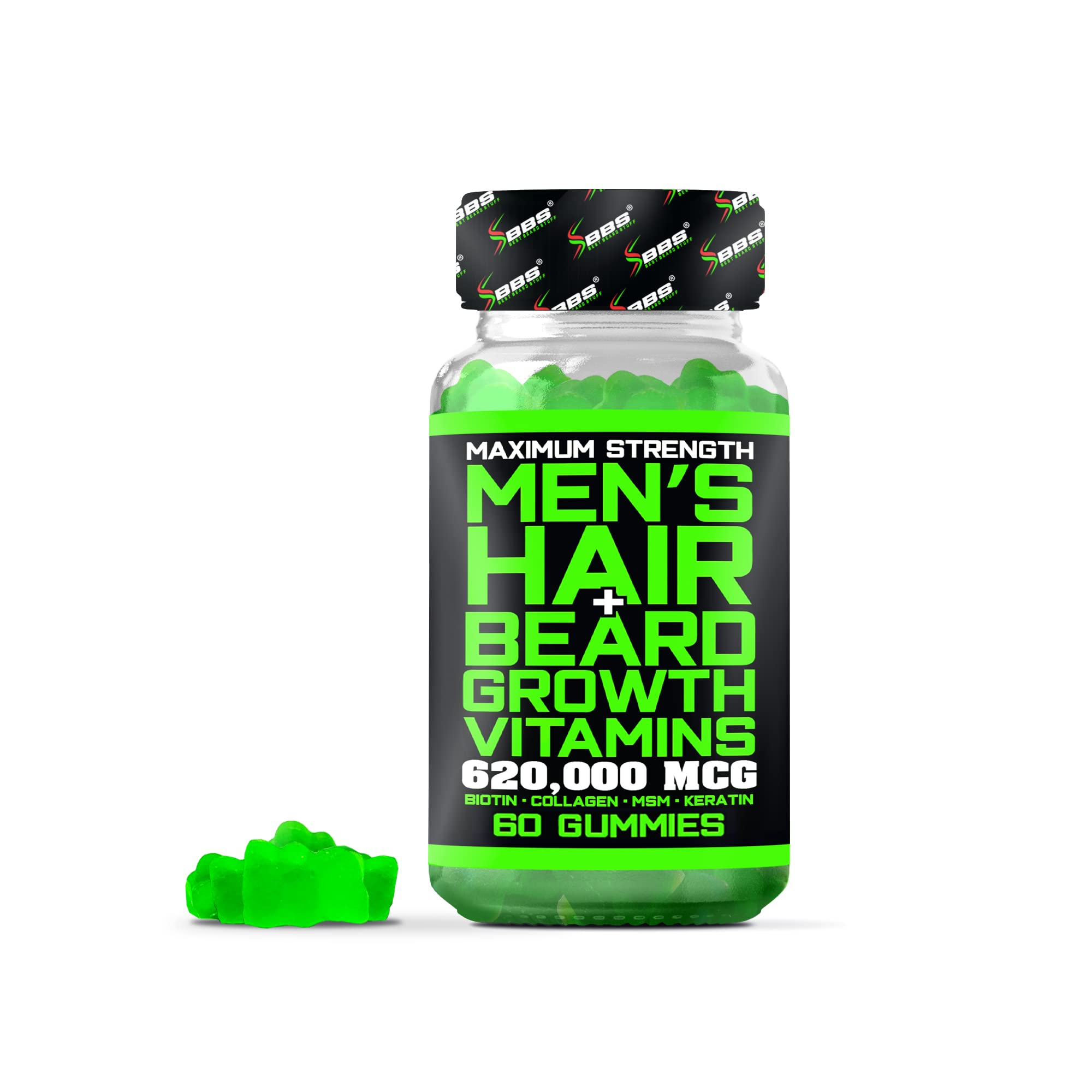 BBS Beard Growth & Hair Growth Vitamins for Men - Maximum Strength 620000mcg Biotin - Collagen - MSM - Keratin - Bamboo Extract - Multivitamin Gummies (Made by Best Beard Stuff USA)