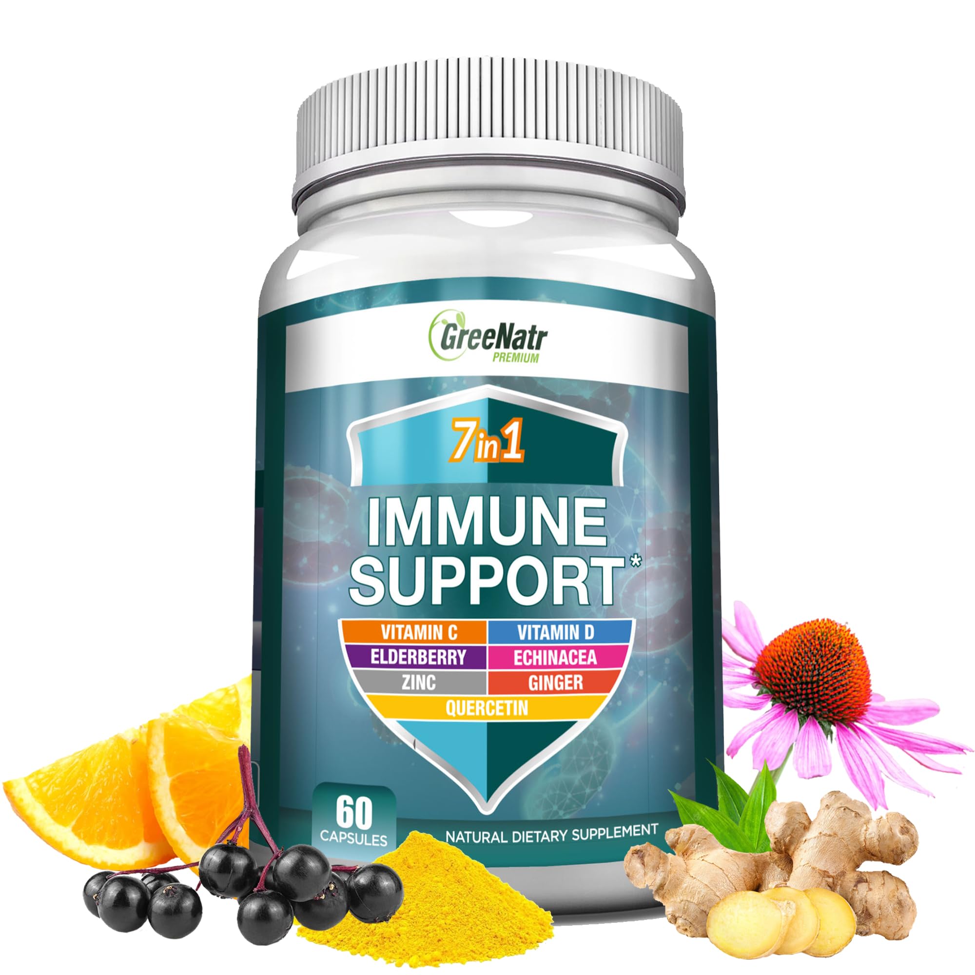 GreeNatr 7 in 1 Immune Support Supplement with Vitamin C, D3, Zinc 50mg, Quercetin, Echinacea Purpurea, Sambucus Elderberry and Ginger for Complete Immune Defense - 60 Capsules (1 Bottle)