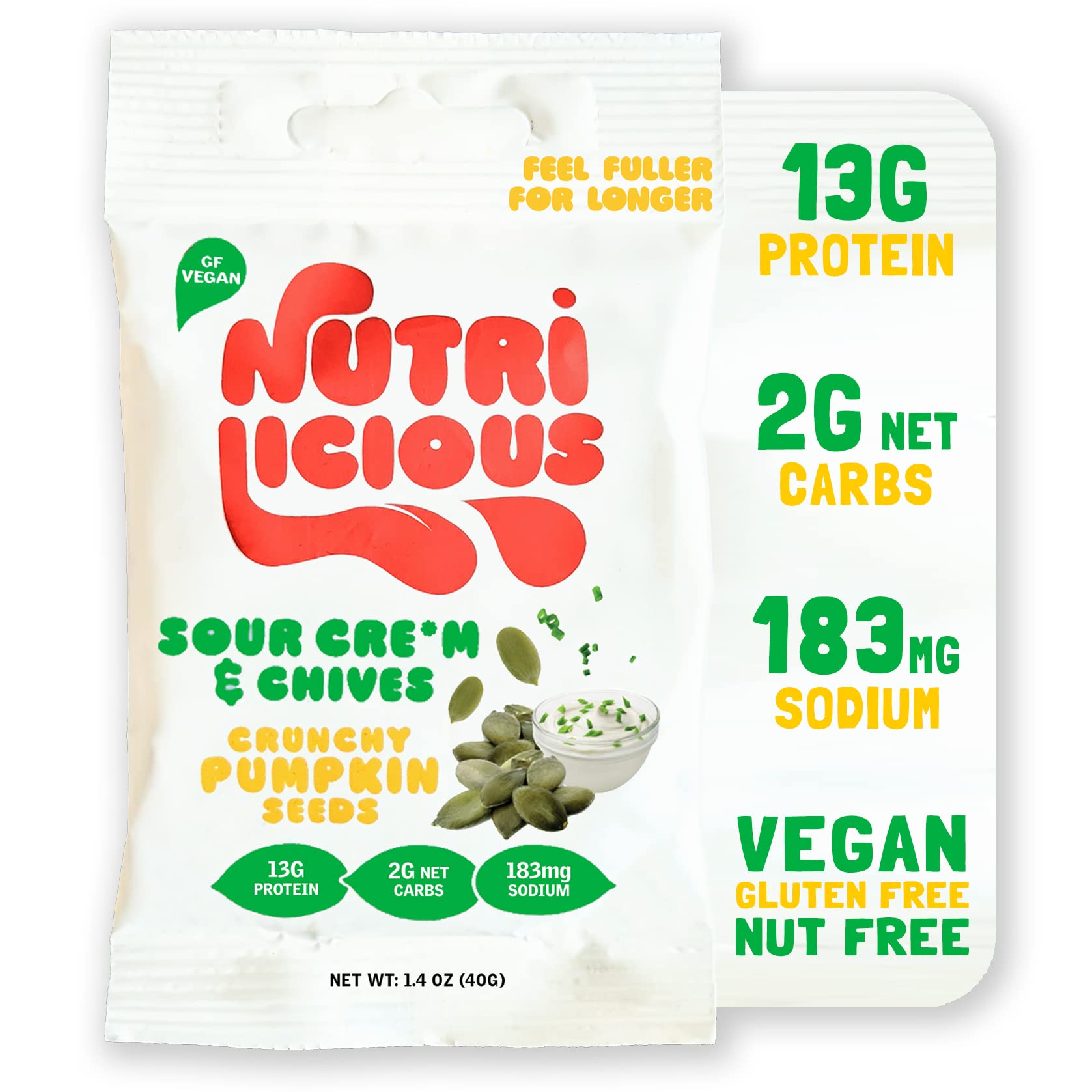 Sour Cream & Chives Pumpkin Seeds - Keto Snacks (2g Net) - High Protein Healthy Snacks (13g Protein) - Low Carb, Gluten-Free Snack, Vegan Keto Food, Nut Free, Low Sodium (6 x 1.4Oz)