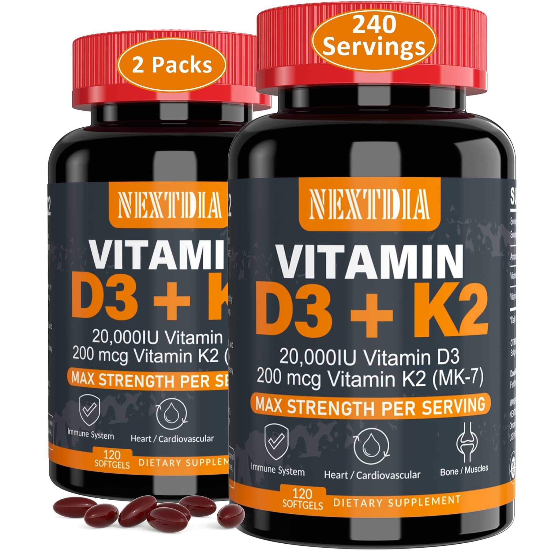 Vitamin D3 20,000 IU + K2( MK7 ) 200mcg - Optimal Level -Support Strong Bone & Muscle, Calcium Absorption, Teeth & Immune Health, Helping Vitamin D Deficiencies, Easy to Swallow, 240 Servings Softgel