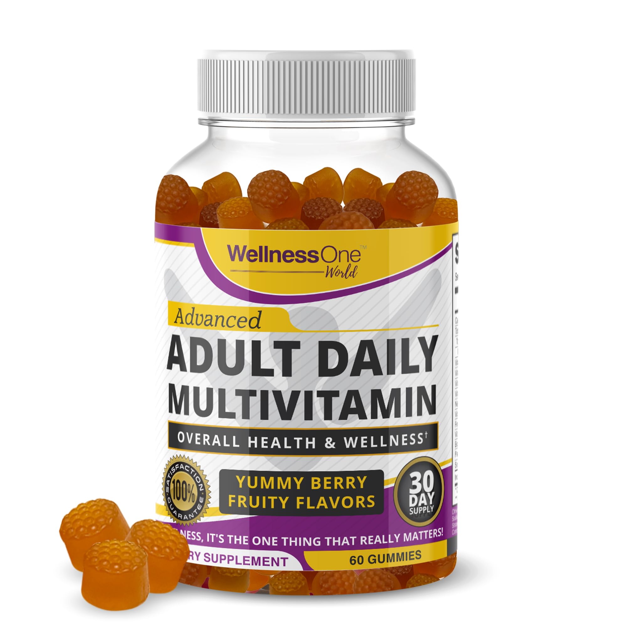 WellnessOne Adult Multivitamin Gummies w/Vitamin A, C, D3, E, B6, B12 & More - Adult Gummy Vitamins for Overall Health & Immune Support - Vegetarian, Non-GMO, Gluten Free, Mix Berry Flavor - 60 Count