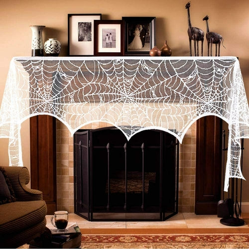 Halloween Decoration Black Lace Spiderweb Fireplace Mantle Scarf Cover