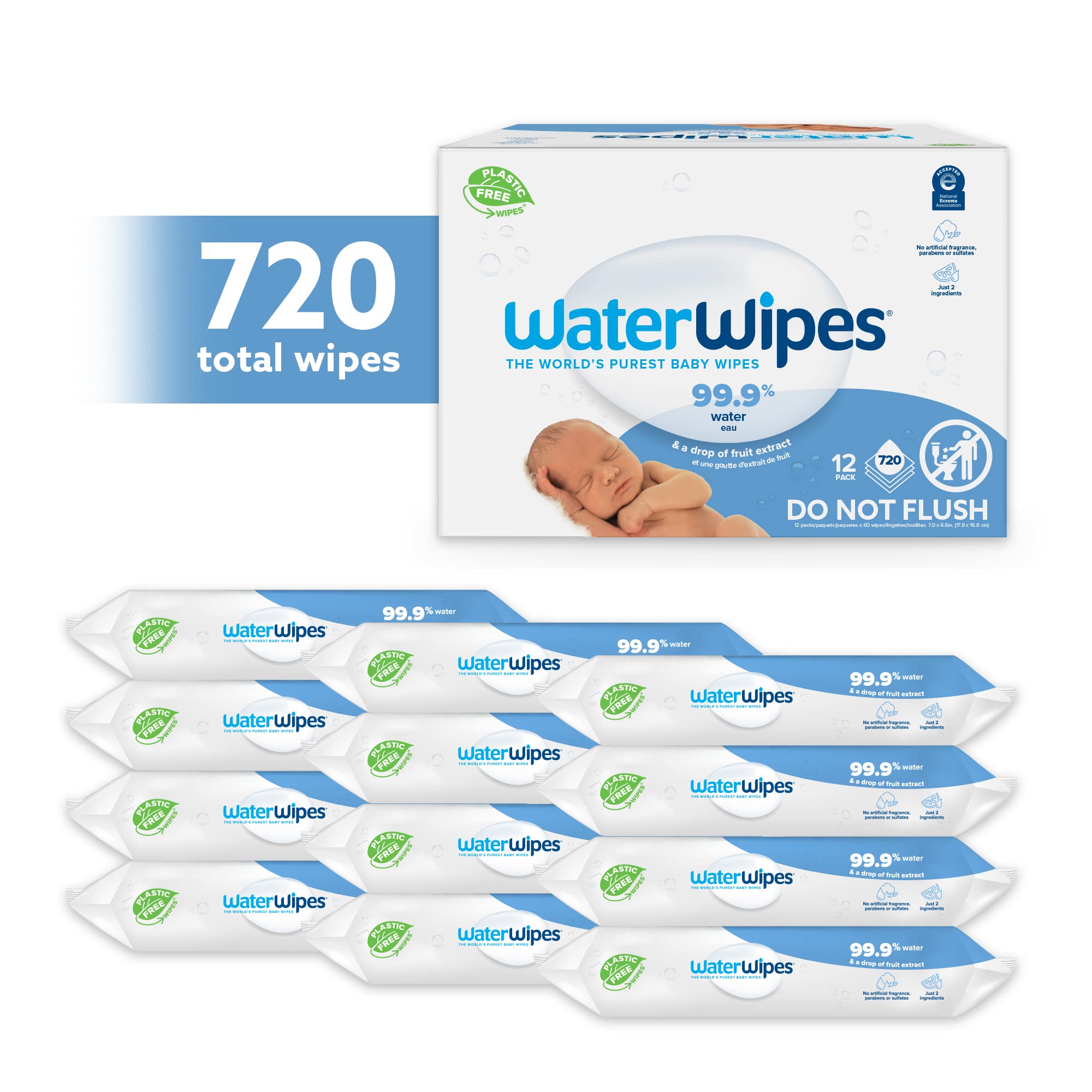 WaterWipes Plastic-Free Original Baby Wipes, 99.9% Water Based Wipes, Unscented & Hypoallergenic for Sensitive Skin, 720 Count (Pack of 12), Packaging May Vary