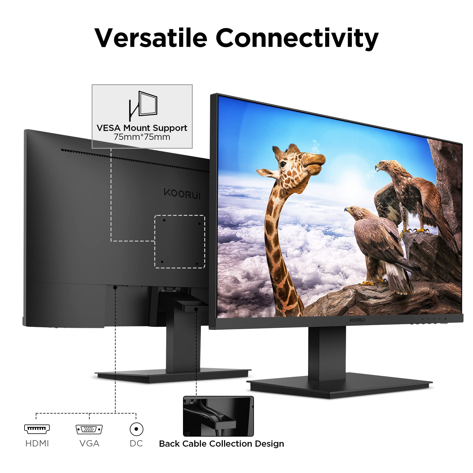 KOORUI 24 Inch Computer Monitor, FHD 1920 x 1080p Office PC Monitor IPS Display 75Hz, HDMI, VGA, 75 x 75 mm VESA Mountable, Frameless, Eye Protection and Ergonomic Tilt Adjustment