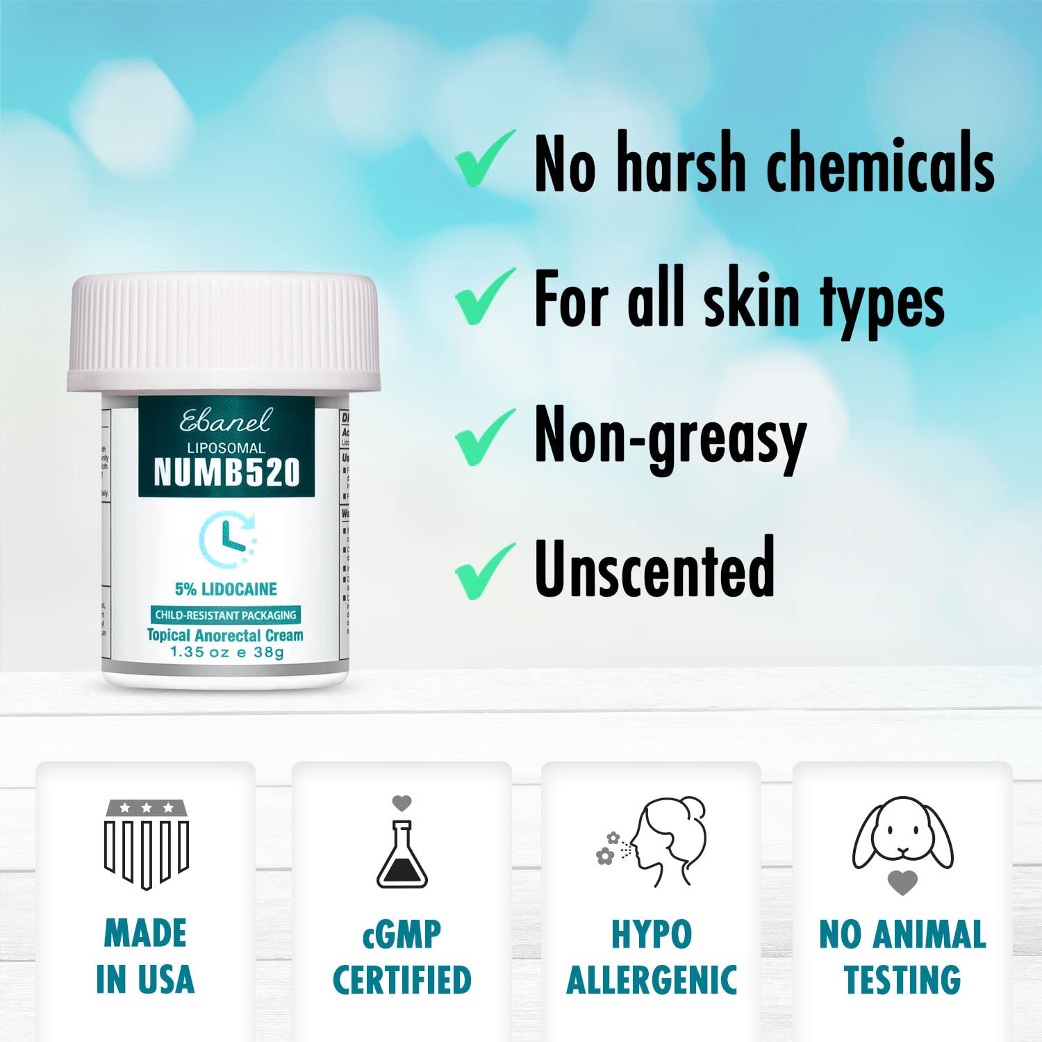 Ebanel 5% Lidocaine Numbing Cream Maximum Strength Liposomal Numb520 Topical Anesthetic Pain Relief Cream 2Pack of 1.35 Oz with Aloe Vera, Vitamin E for Local and Anorectal Uses, Hemorrhoid Treatment