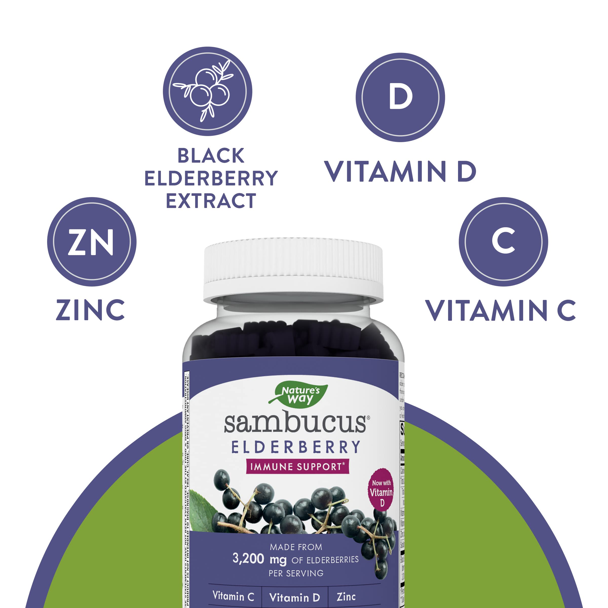 Nature’s Way Sambucus, Immune Support Gummies*, Black Elderberry with Vitamin C, D and Zinc, 60 Gummies