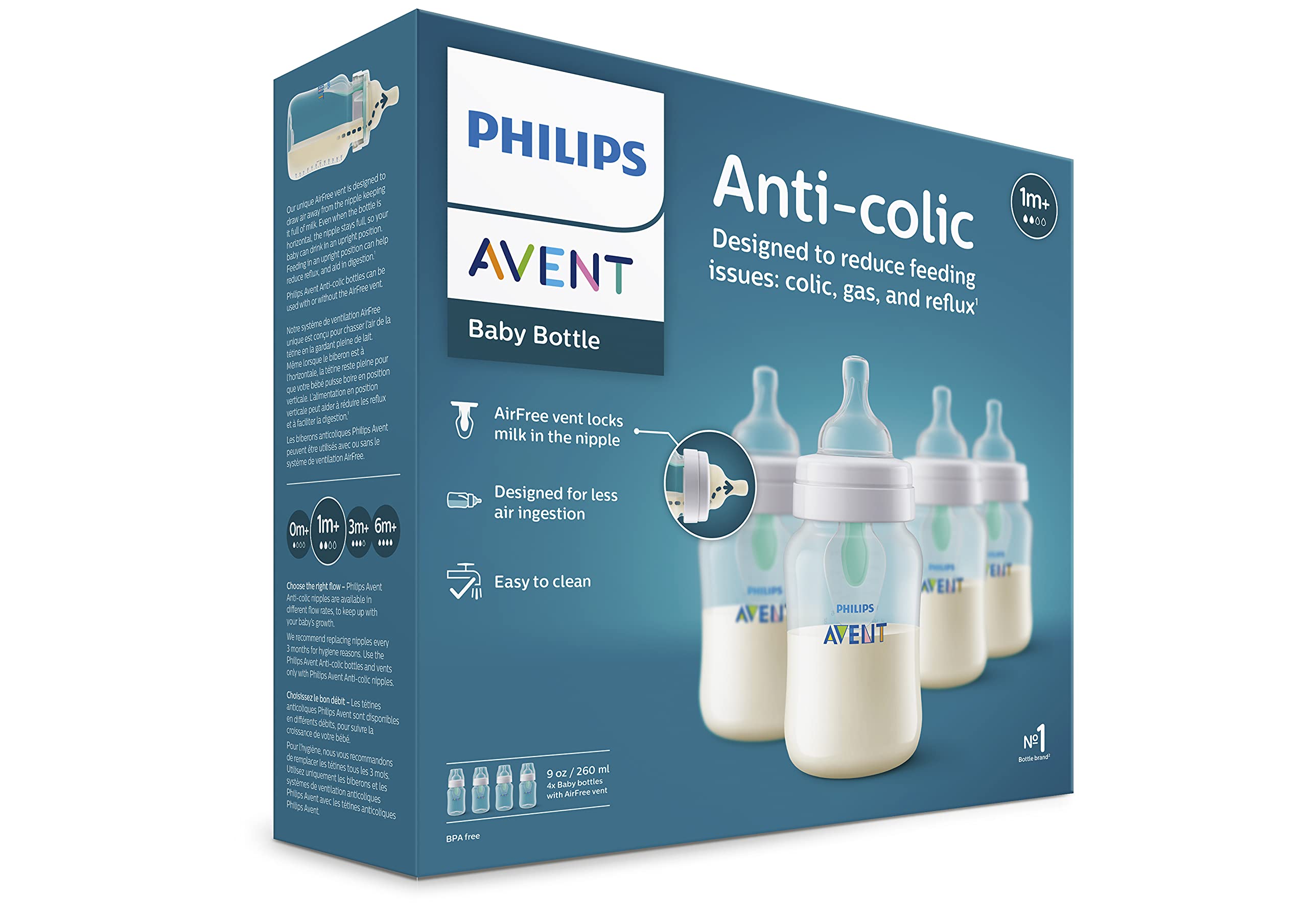 Philips AVENT Anti-Colic Baby Bottles with AirFree Vent, 9oz, 4pk, Clear, SCY703/04