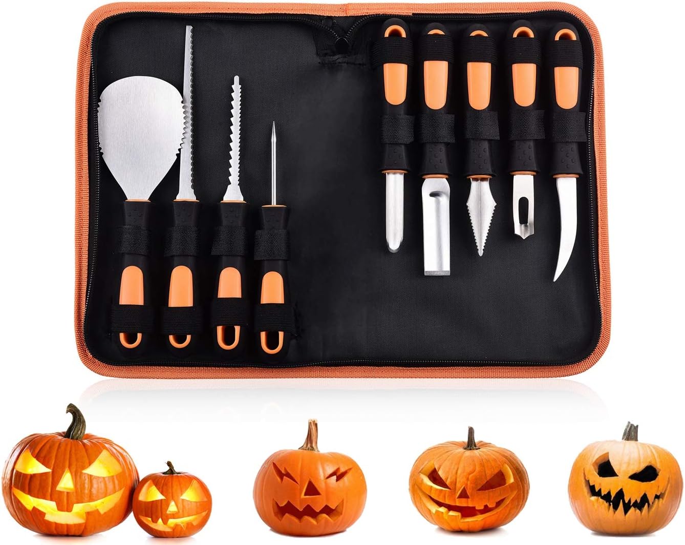 7Felicity Professional Halloween Pumpkin Carving Kit, Anti-Slip Rubber Handle, 9 Piece Stainless Steel Pumpkin Carving Tools Knife Set for Halloween DIY Decoration, with Storage Bag