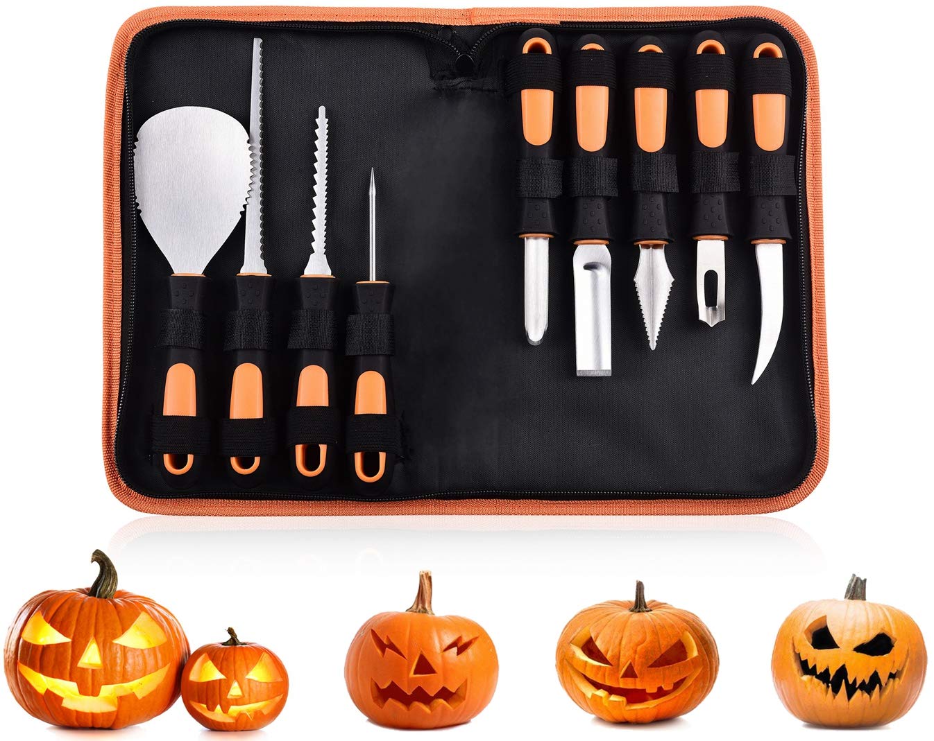 7Felicity Professional Halloween Pumpkin Carving Kit, Anti-Slip Rubber Handle, 9 Piece Stainless Steel Pumpkin Carving Tools Knife Set for Halloween DIY Decoration, with Storage Bag