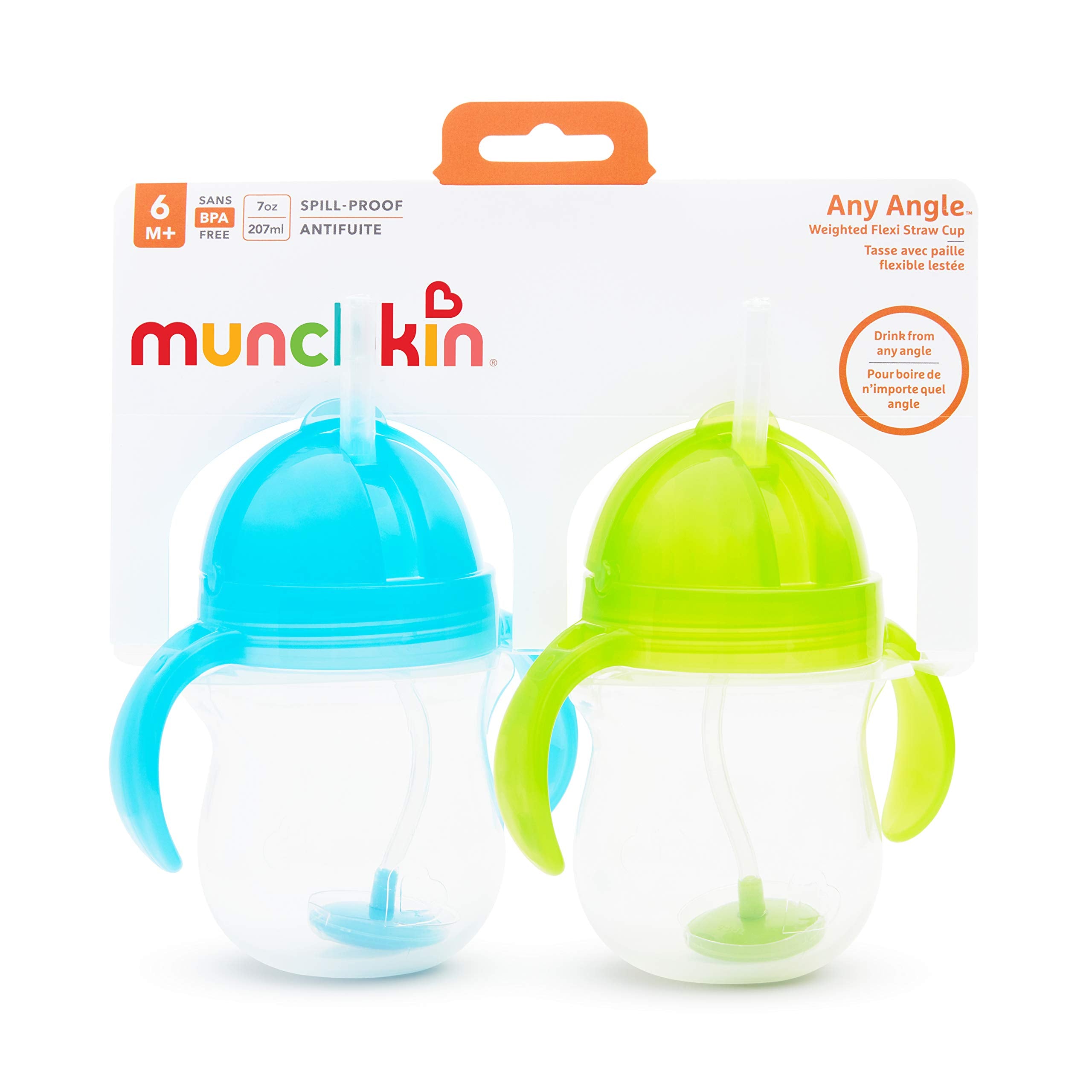 Munchkin® Any Angle™ Weighted Straw Trainer Cup with Click Lock™ Lid, 7 Ounce, 2 Count (Pack of 1), Blue/Green