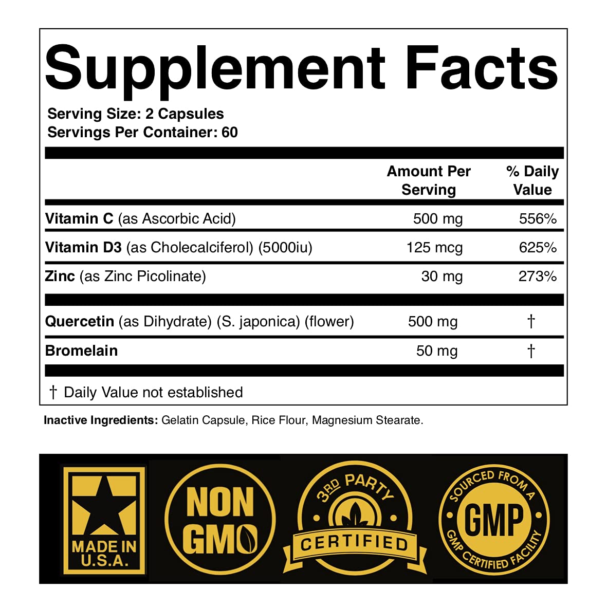 Zinc Quercetin 500mg with Vitamin C Vitamin D3 Bromelain Immune Support High Potency Quercetin Zinc Supplement ZQV by SPARTIS (Pack of 1 Bottle at 120-Caps)