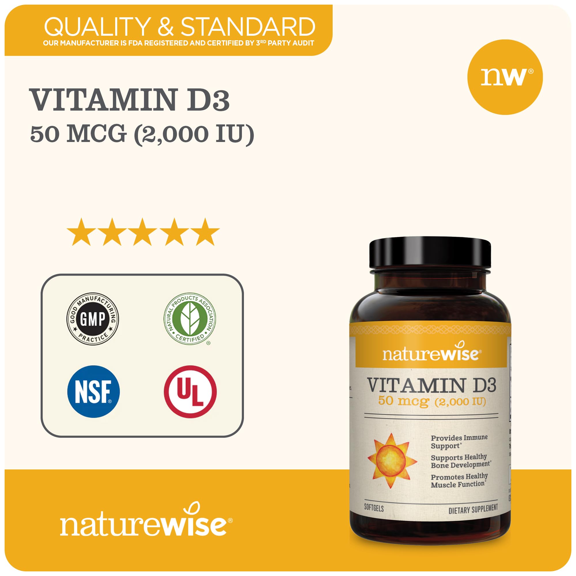 NatureWise Vitamin D3 2000iu (50 mcg) Healthy Muscle Function, and Immune Support, Non-GMO, Gluten Free in Cold-Pressed Olive Oil, Packaging Vary ( Mini Softgel), 360 Count(Pack of 1)