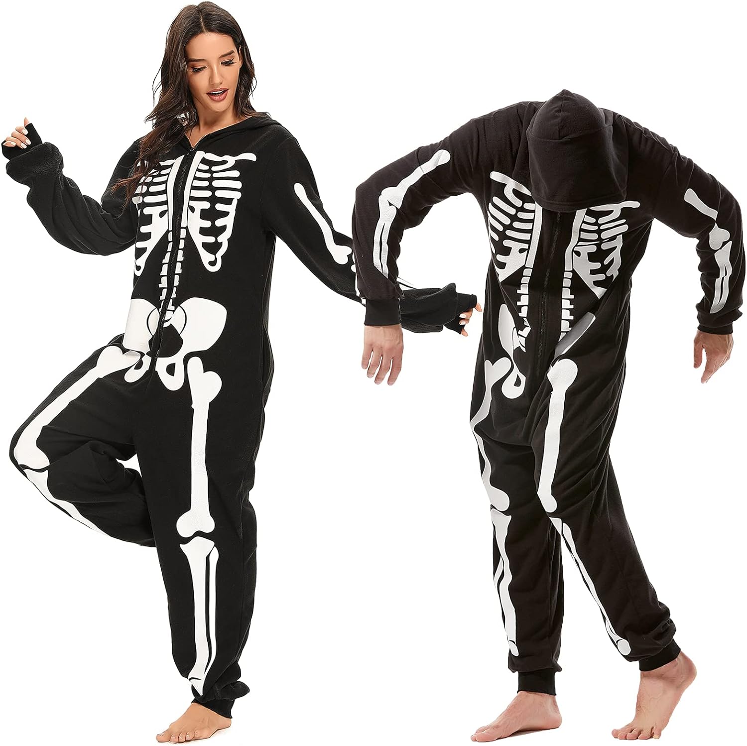 Padama Adult Women's Skeleton Halloween Costume - Unisex Skeleton jumpsuit Plush Pajamas Onesie, Cozy Halloween Adult One Piece Cosplay Skeleton Costumes for Women M