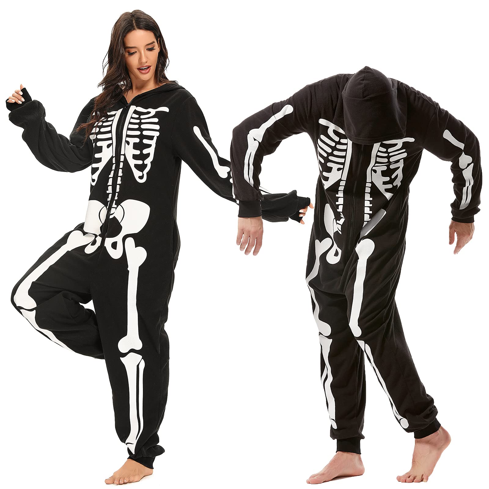 Padama Adult Women's Skeleton Halloween Costume - Unisex Skeleton jumpsuit Plush Pajamas Onesie, Cozy Halloween Adult One Piece Cosplay Skeleton Costumes for Women M