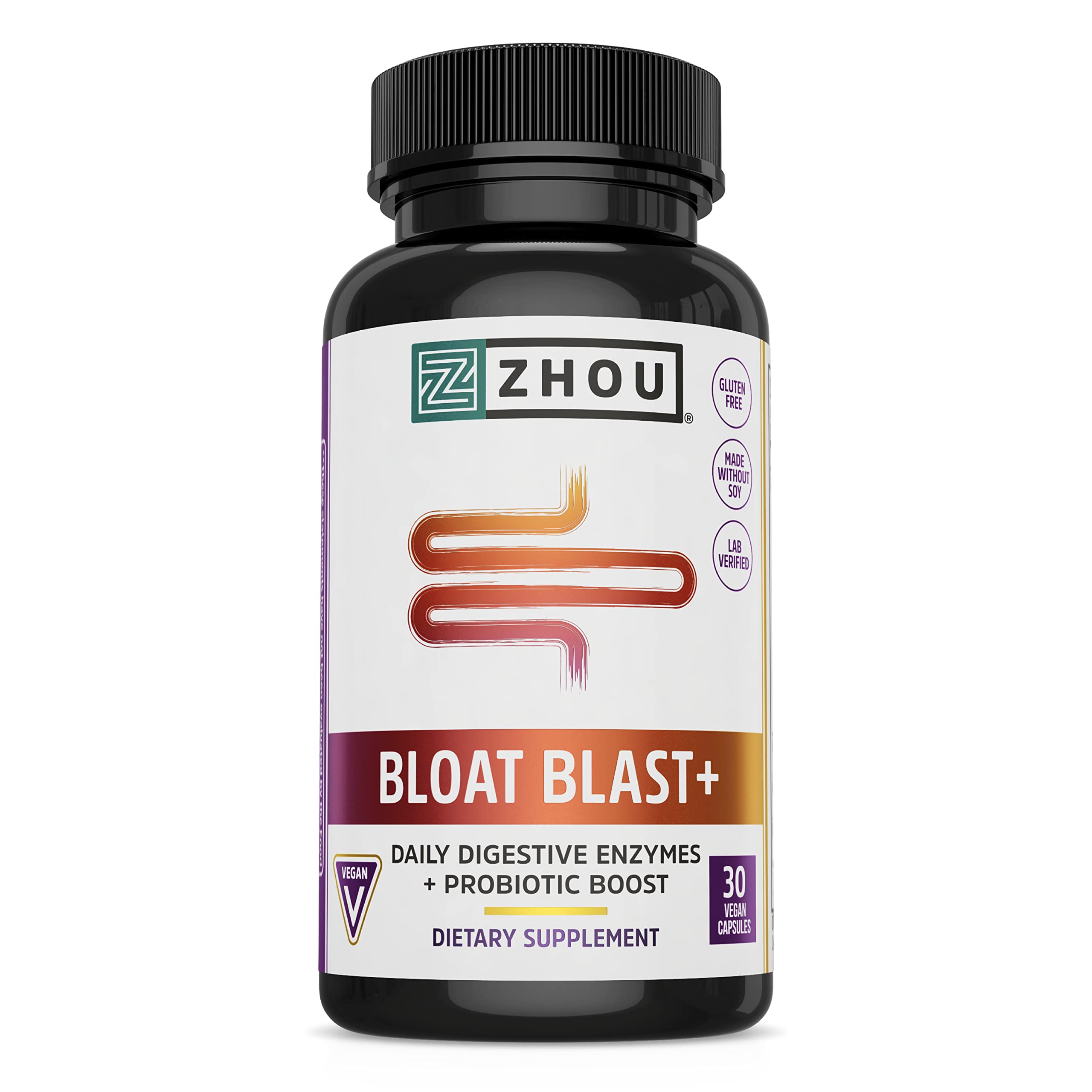 Zhou Nutrition Bloat Blast+ Digestive Enzymes with Probiotics, Bloating Relief for Women and Men, Reduce Water Retention and Improve Digestive Health, Vegan, Non-GMO, Gluten Free, 30 Servings