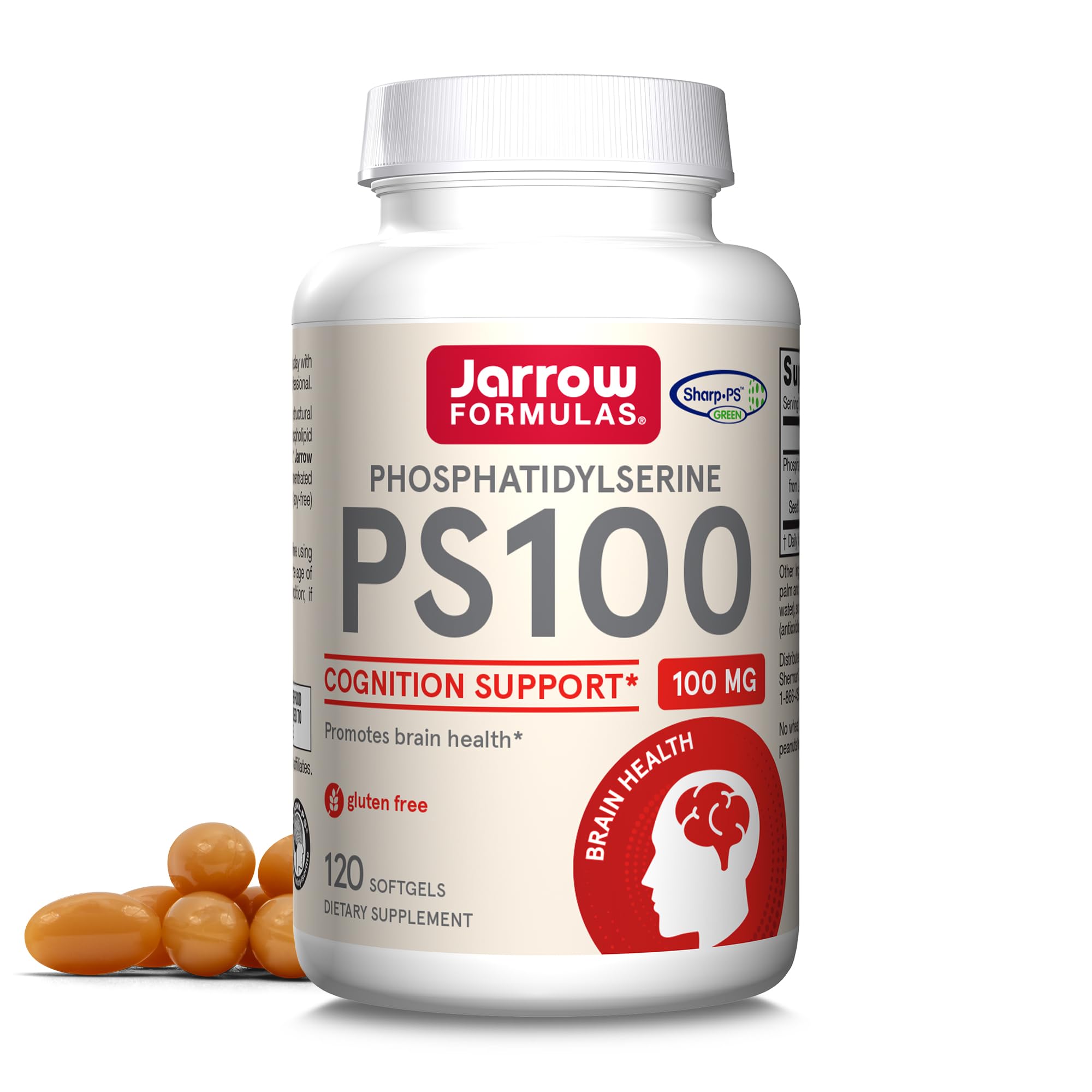 Jarrow Formulas PS100 Phosphatidylserine 100 mg, Dietary Supplement for Brain Health and Cognition Support, 120 Softgels, 40-120 Day Supply