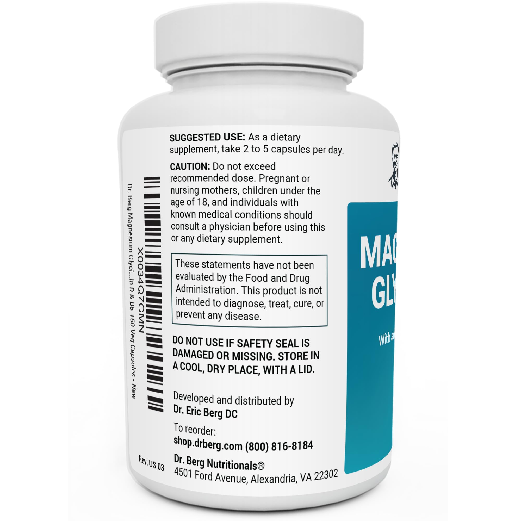 Dr. Berg's Magnesium Glycinate 400mg - Fully Chelated Veg Capsules for Stress, Calm, Relaxation & Sleep Support w/Vitamin D & B6-150