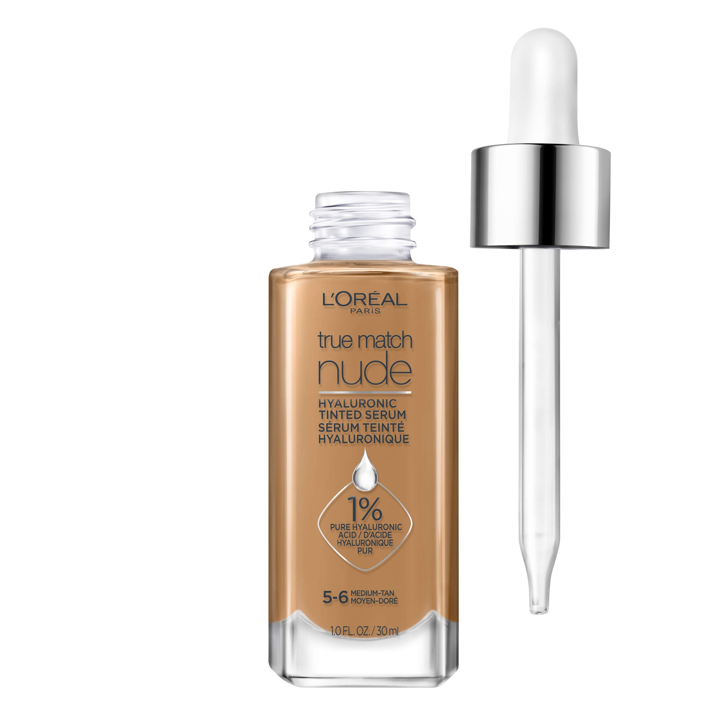 L'Oréal Paris True Match Nude Hyaluronic Tinted Serum Foundation with 1% Hyaluronic acid, Medium Tan 5-6, 1 fl. oz.