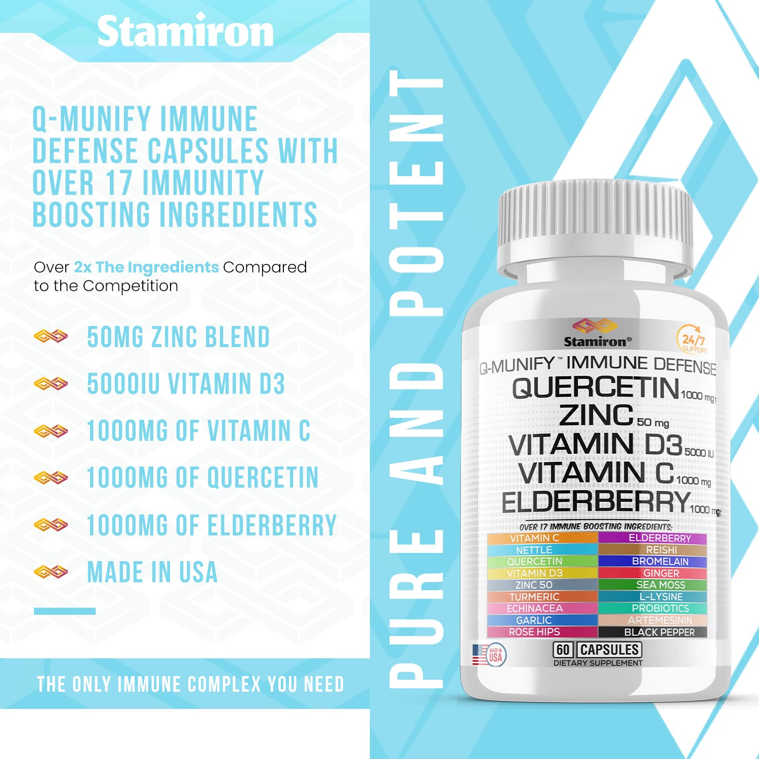 Stamiron Quercetin 1000mg Zinc 50mg Vitamin C 1000mg Supplement Immune Support Defense w Vit D3 5000IU Elderberry Echinacea Artemisinin Turmeric Ginger Quercitin Bromelain Garlic Nettle -USA Made 60ct