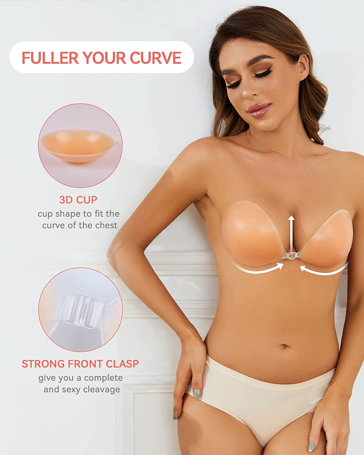 Loxoto Sticky Bra Adhesive Silicone Push Up Invisible Bra Backless Strapless Bra for Women with Nipple Covers (Flesh,C)