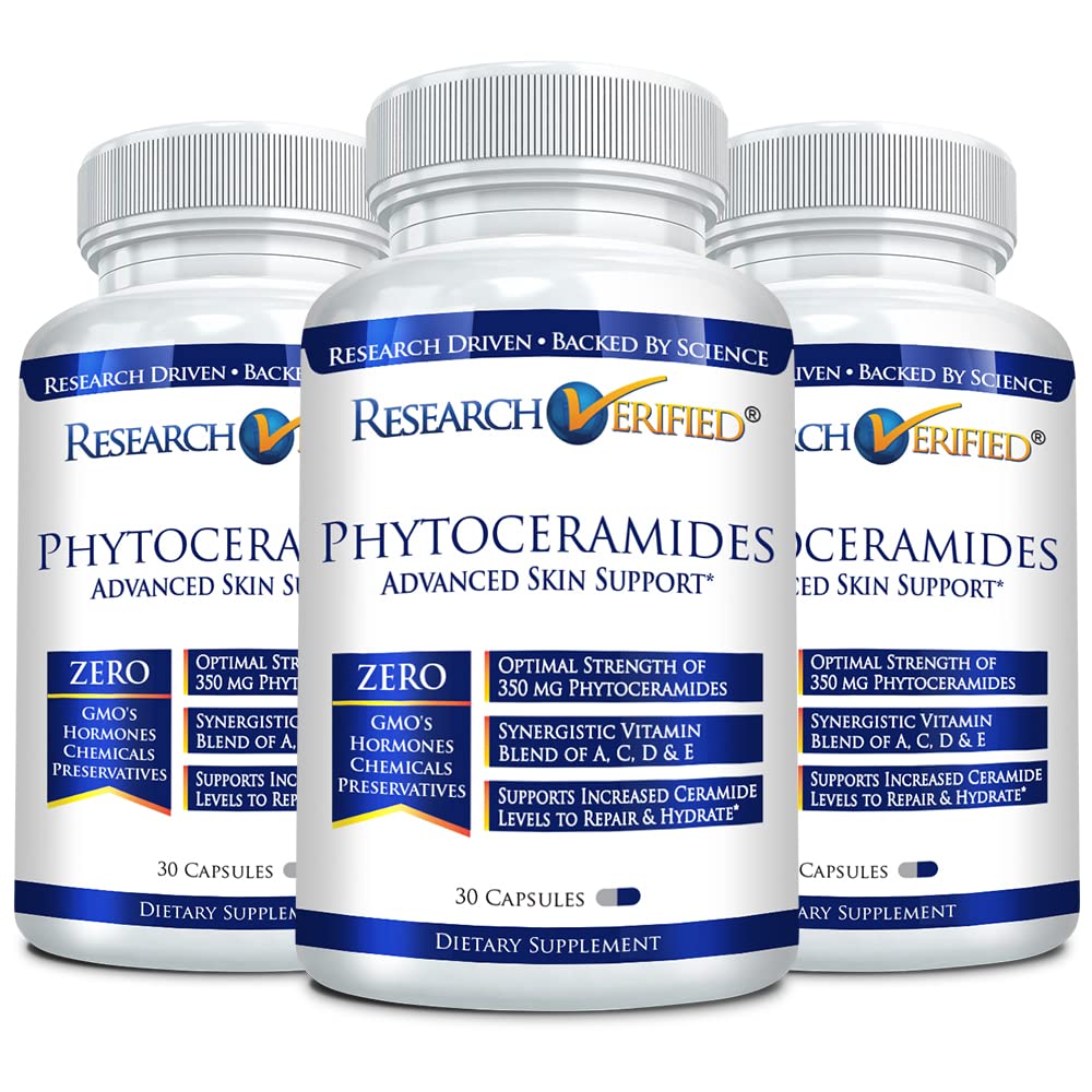 Research Verified 100% Pure Phytoceramides - 90 Capsules - 3 Month Supply - 100% Pure Wheat Extract Oil - with Vitamin E- #1 Wrinkles Fighter - 350mg