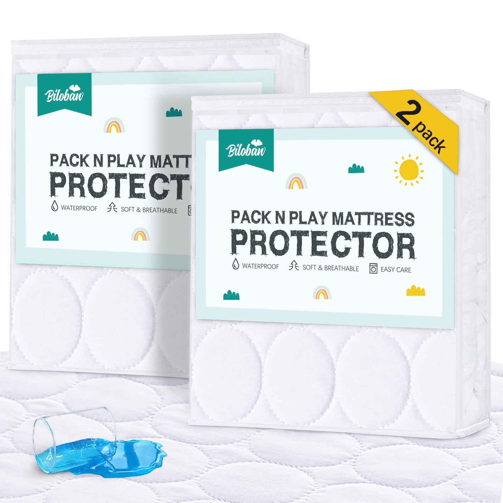 Waterproof Pack and Play Sheets Fitted 2 Pack - 39" x 27" Quilted Pack and Play Mattress Pad Fits for Graco Playard Mattress | Mini & Portable Pack n Play/Playpen Mattress White