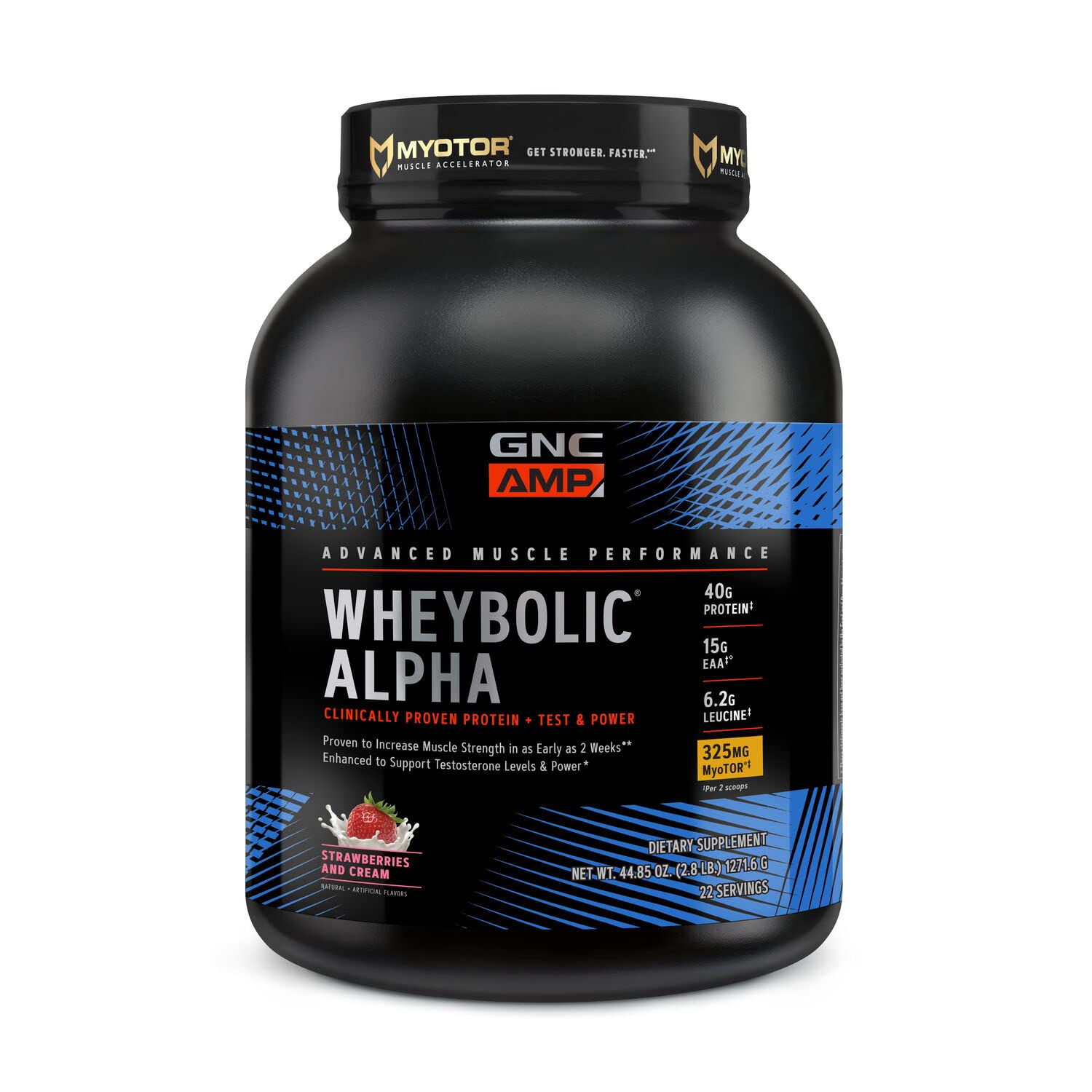 GNC AMP Wheybolic Alpha with MyoTOR Protein Powder | Targeted Muscle Building and Workout Support Formula with BCAA | 40g Protein | Strawberries and Cream | 22 Servings