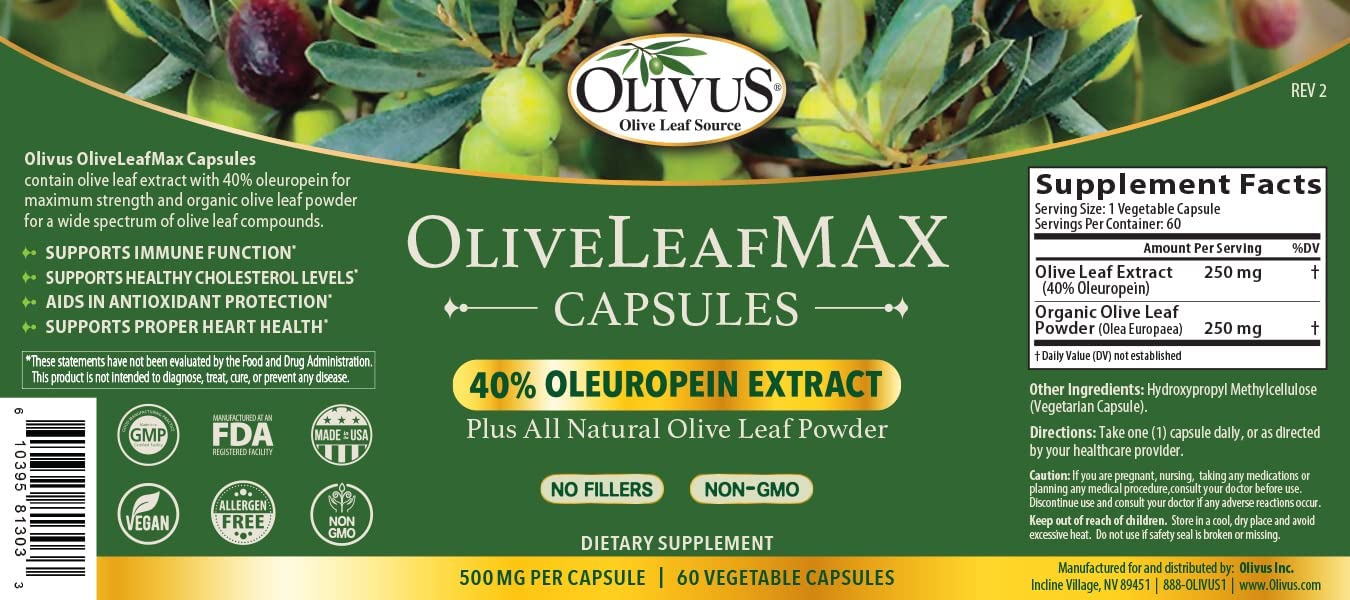 OliveLeafMAX Olive Leaf Extract (40% Oleuroepin) + Organic Olive Leaf Powder + No Fillers + 60 Vegetarian Capsules + Sourced from Spain and Manufactured in USA at GMP Facility