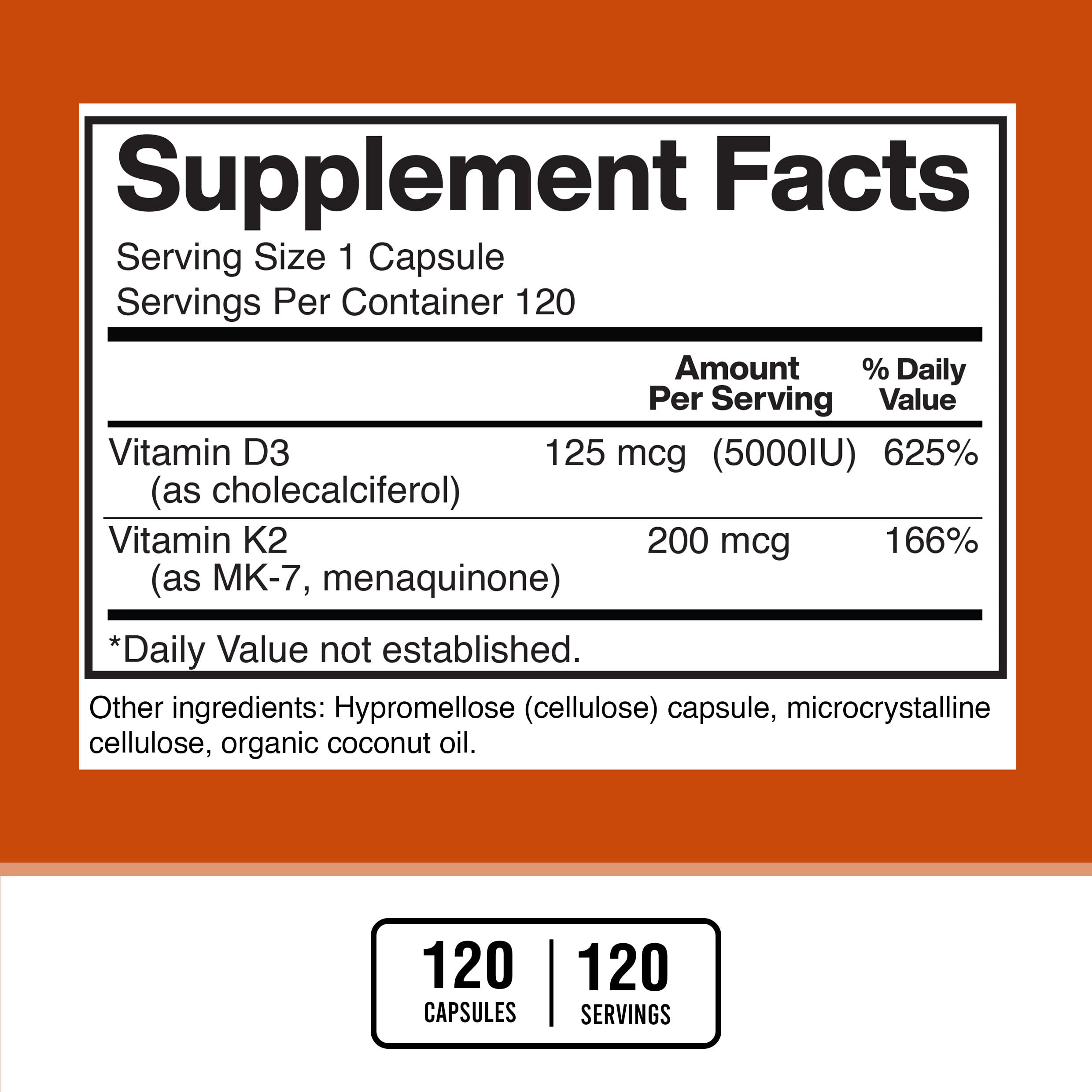 American Standard Supplements Vitamin D3 5000 IU (125mcg) Plus Vitamin K2 (MK7) 200mcg Per Capsule - Gluten Free, Non-GMO, 120 Capsules, 120 Servings, 120 Day Supply