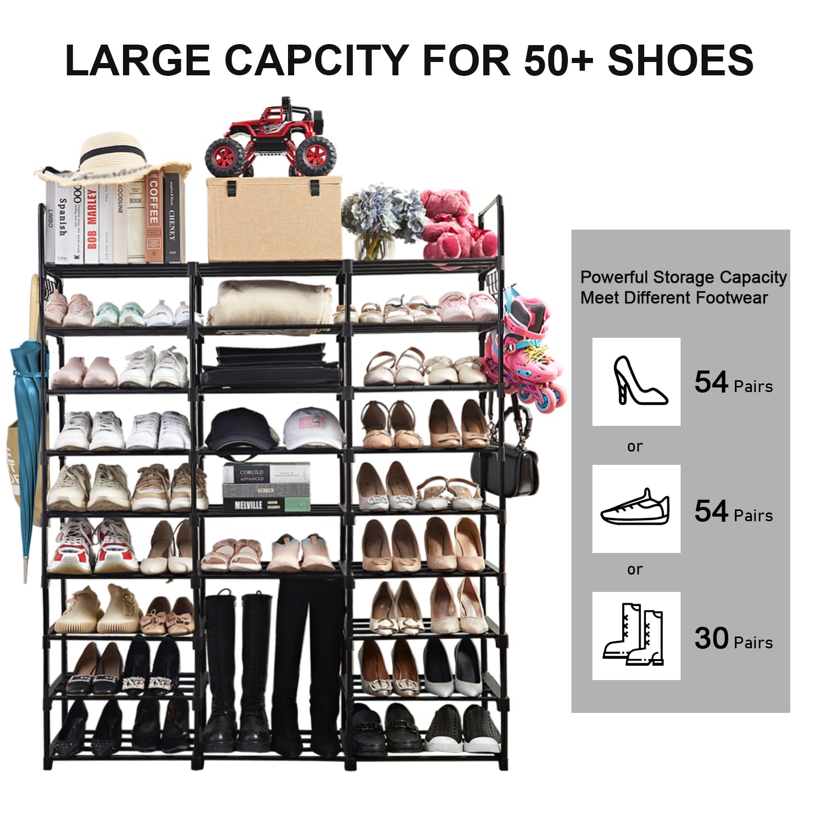 Mavivegue 9 Tiers Metal Shoe Rack Organizer, 50-55 Pairs Large Tall Shoe Storage,Shoe Holder,Shoe Stand,Vertical Free Standing Shoe Shelf,Large Boot Rack Organizer for Entryway, Closet, Garage