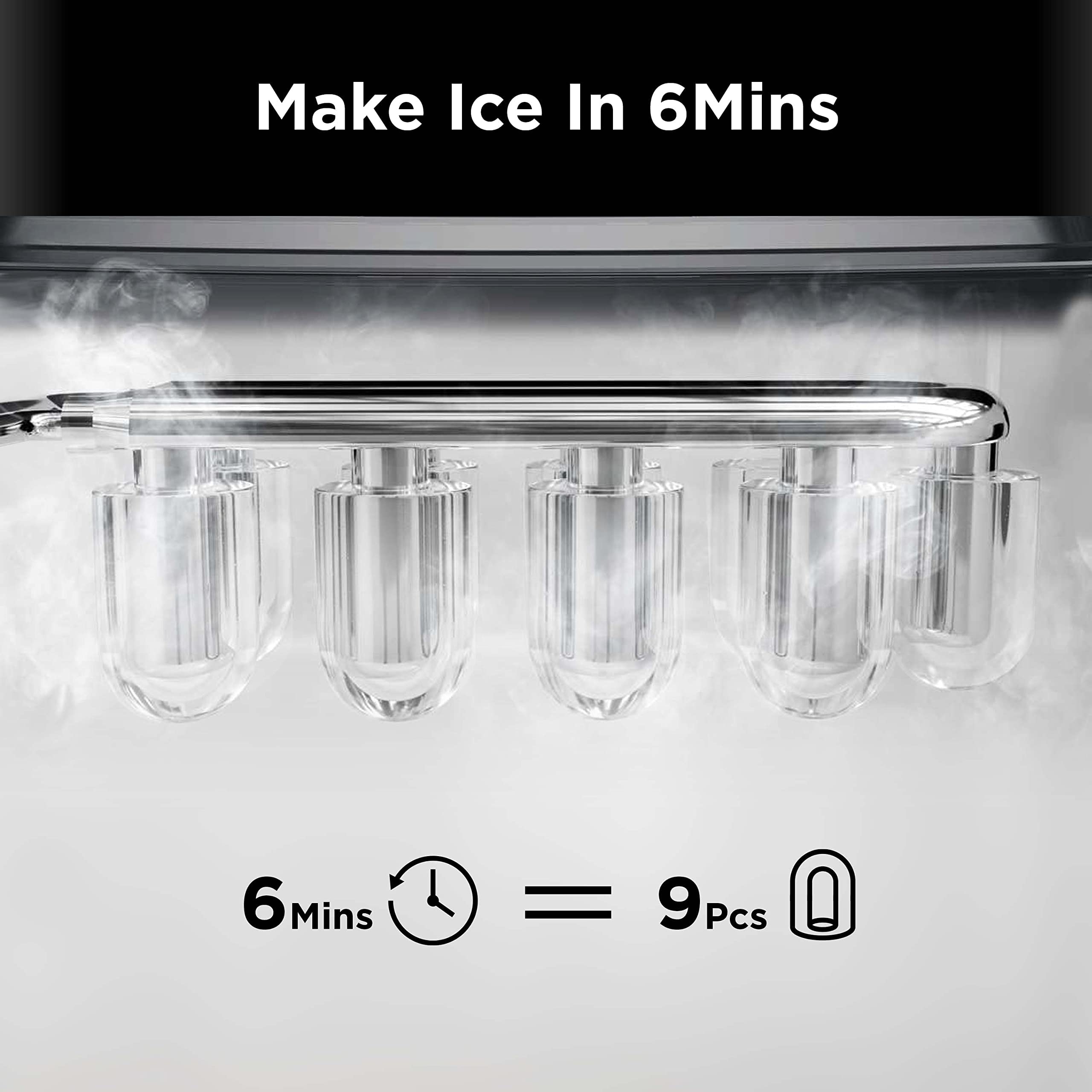 Silonn Ice Maker Countertop, 9 Cubes Ready in 6 Mins, 26lbs in 24Hrs, Self-Cleaning Ice Machine with Ice Scoop and Basket, 2 Sizes of Bullet Ice for Home Kitchen Office Bar Party