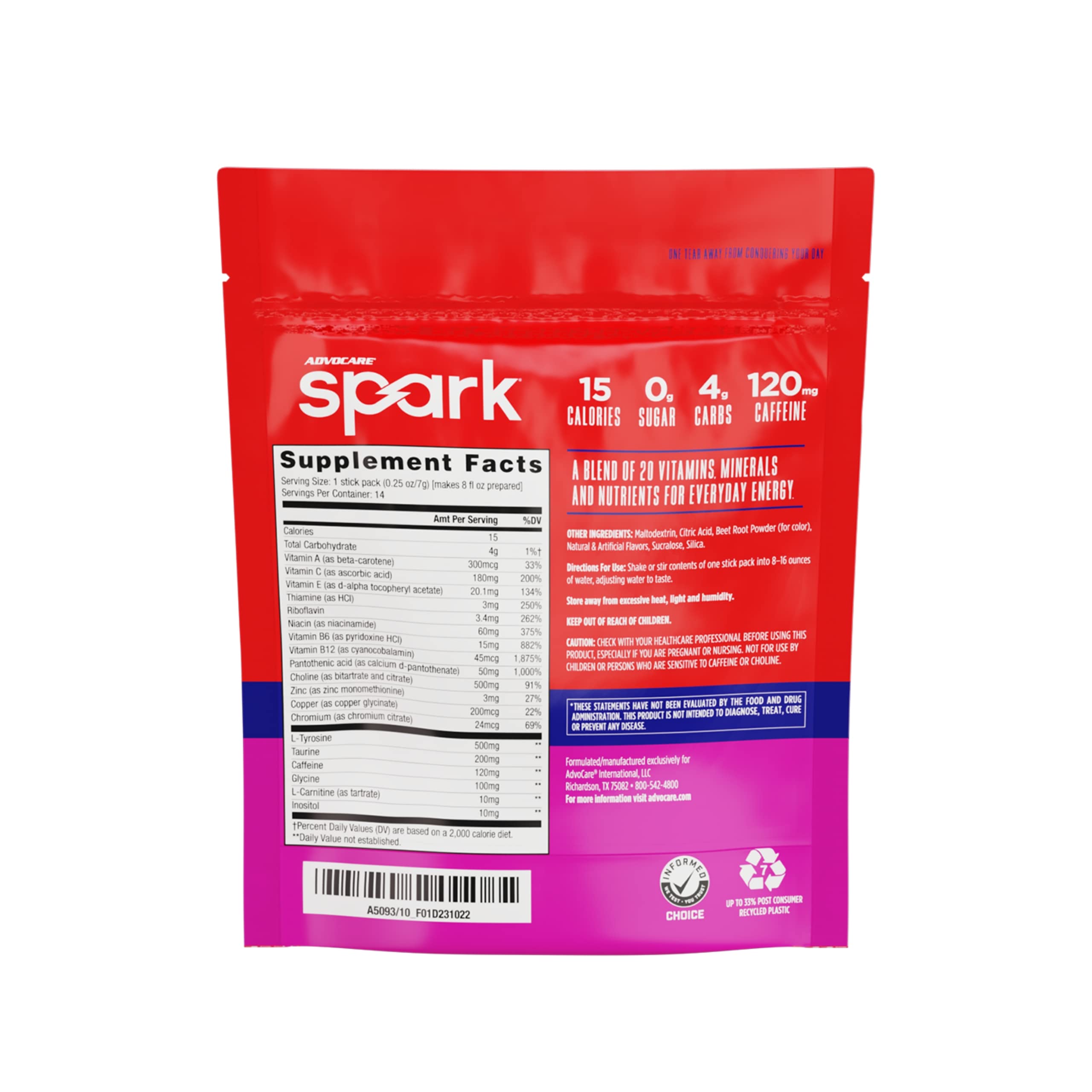 AdvoCare Spark Vitamin & Amino Acid Supplement - Focus & Energy Supplement Mix - Powdered Energy Supplement Mix - Powder Supplement Mix - Amino Acids - Fruit Punch - 14 Stick Packs