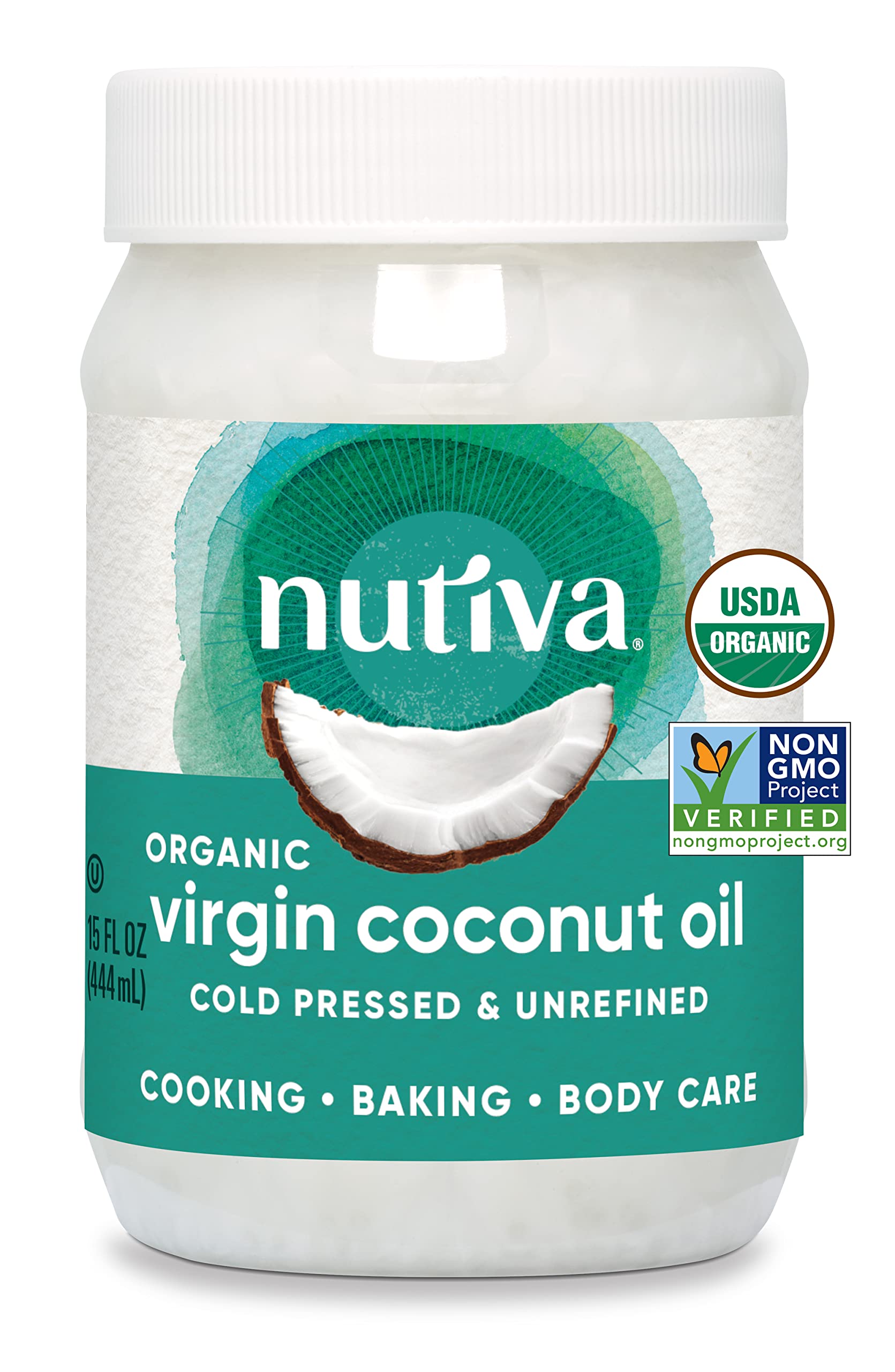 Nutiva Organic Coconut Oil 15 fl oz, Cold-Pressed, Fresh Flavor for Cooking Oil, Natural Hair Oil, Skin Oil, Massage Oil and, Non-GMO, USDA Organic, Unrefined Extra Virgin Coconut Oil (Aceite de Coco)