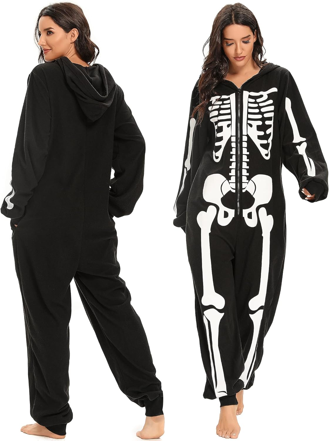 Padama Adult Women's Skeleton Halloween Costume - Unisex Skeleton jumpsuit Plush Pajamas Onesie, Cozy Halloween Adult One Piece Cosplay Skeleton Costumes for Women M