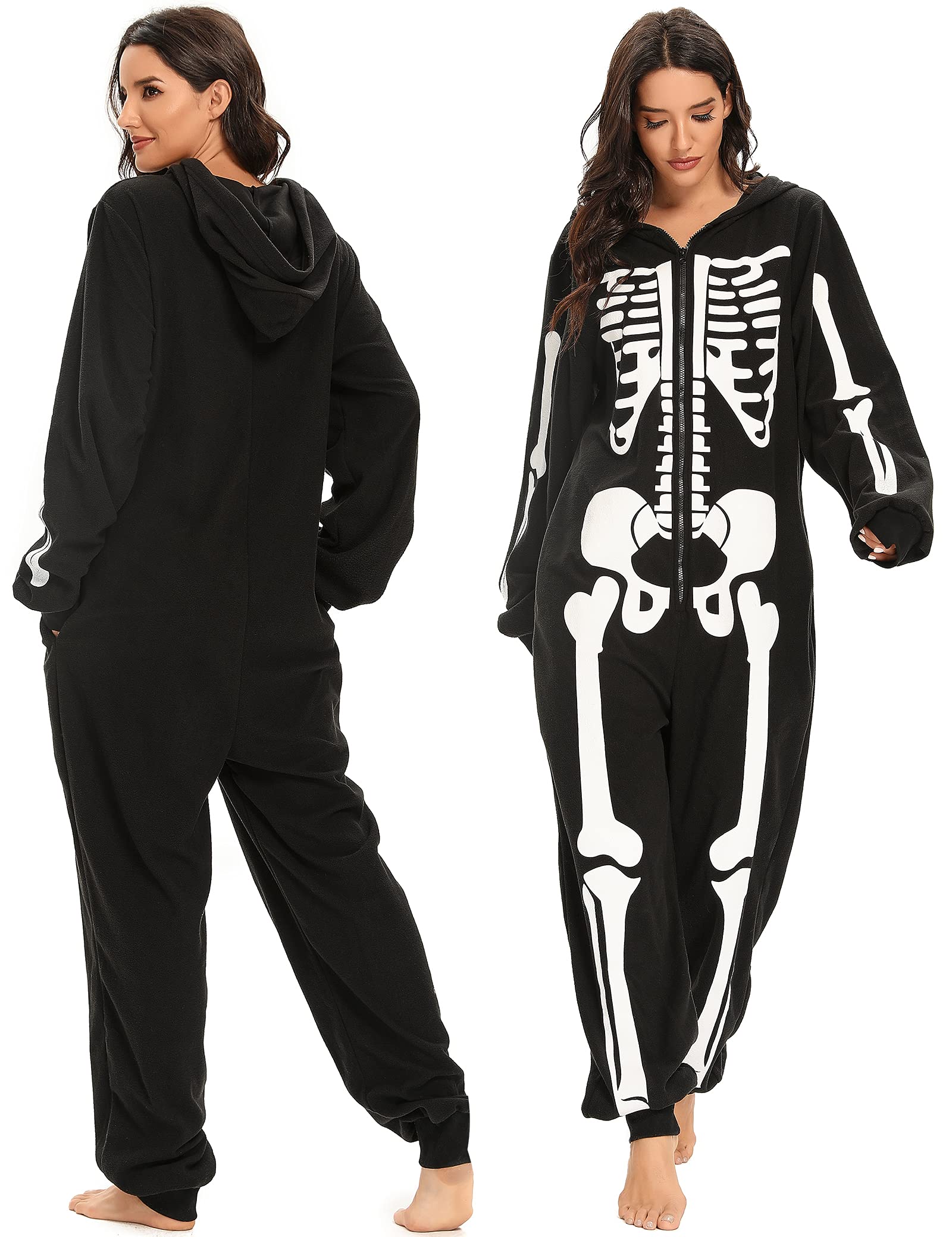 Padama Adult Women's Skeleton Halloween Costume - Unisex Skeleton jumpsuit Plush Pajamas Onesie, Cozy Halloween Adult One Piece Cosplay Skeleton Costumes for Women M