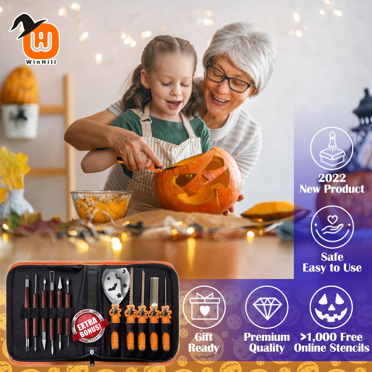 Pumpkin Carving Kit with Free Stencils & Witch Finger, 22 PCs Heavy Duty Stainless Steel Knife Professional Sculpting Tool Set for Kid Adult, in Carver Carrying Case Jack-O-Lantern Décoration