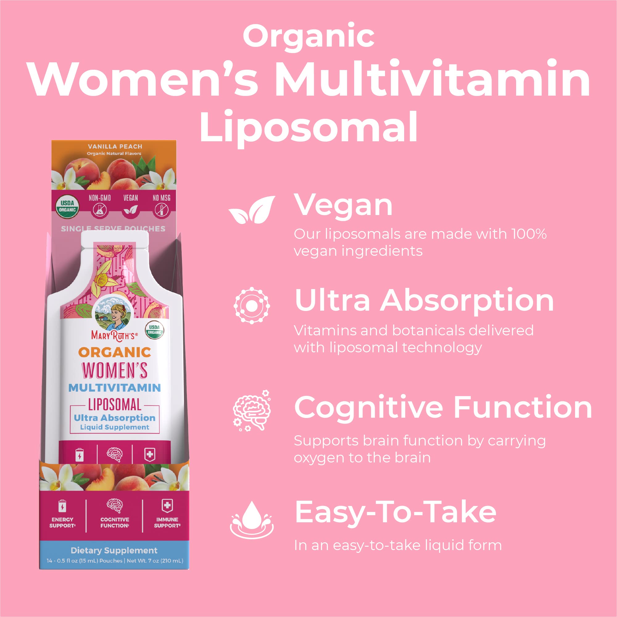 MaryRuth's Multivitamin for Women | USDA Organic | Sugar Free Womens Multivitamin Liposomal | Liquid Vitamins for Women | Immune Support Supplement & Overall Wellness | Vegan | 14-0.5 Fl Oz Pouches