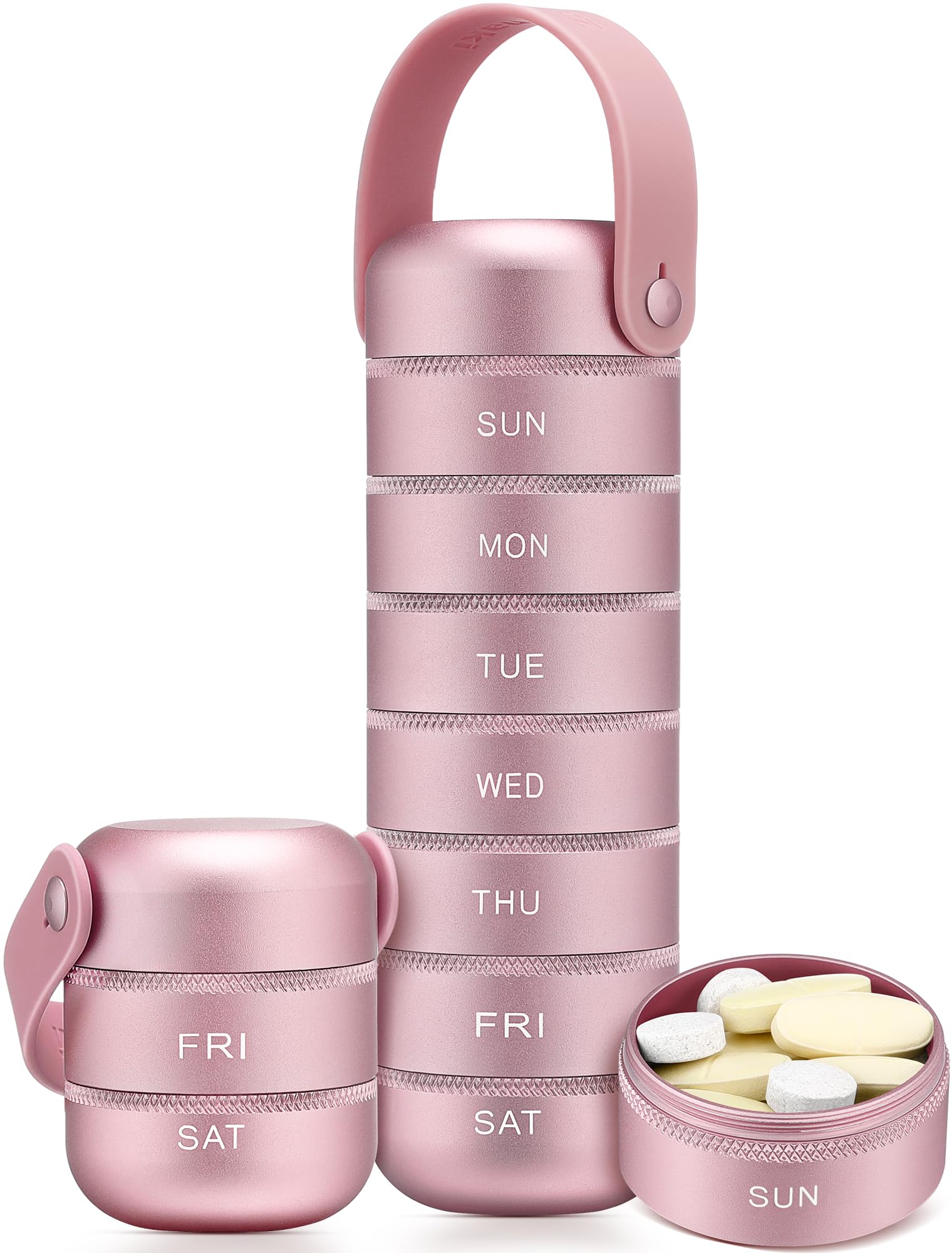 Zannaki Metal Weekly Pill Organizer, Large Travel Pill Box 7 Day, Waterproof Daily Pill Case with Silicone Handle, Aluminum Alloy Portable Pill Holder Container for Vitamin, Medicine, Supplement,Pills