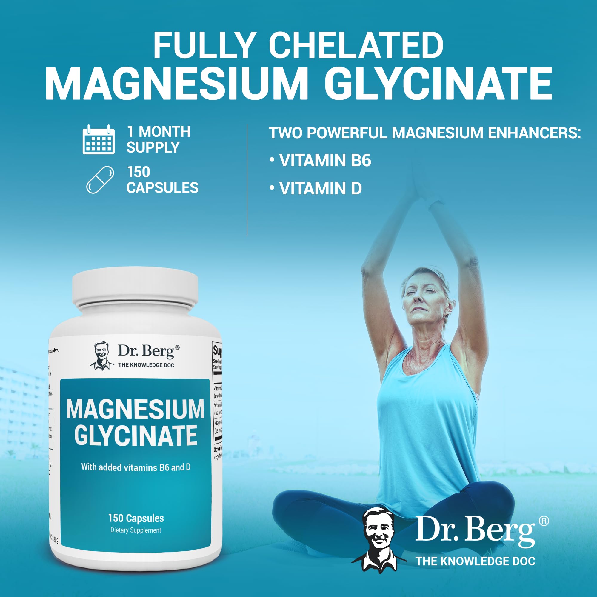 Dr. Berg's Magnesium Glycinate 400mg - Fully Chelated Veg Capsules for Stress, Calm, Relaxation & Sleep Support w/Vitamin D & B6-150