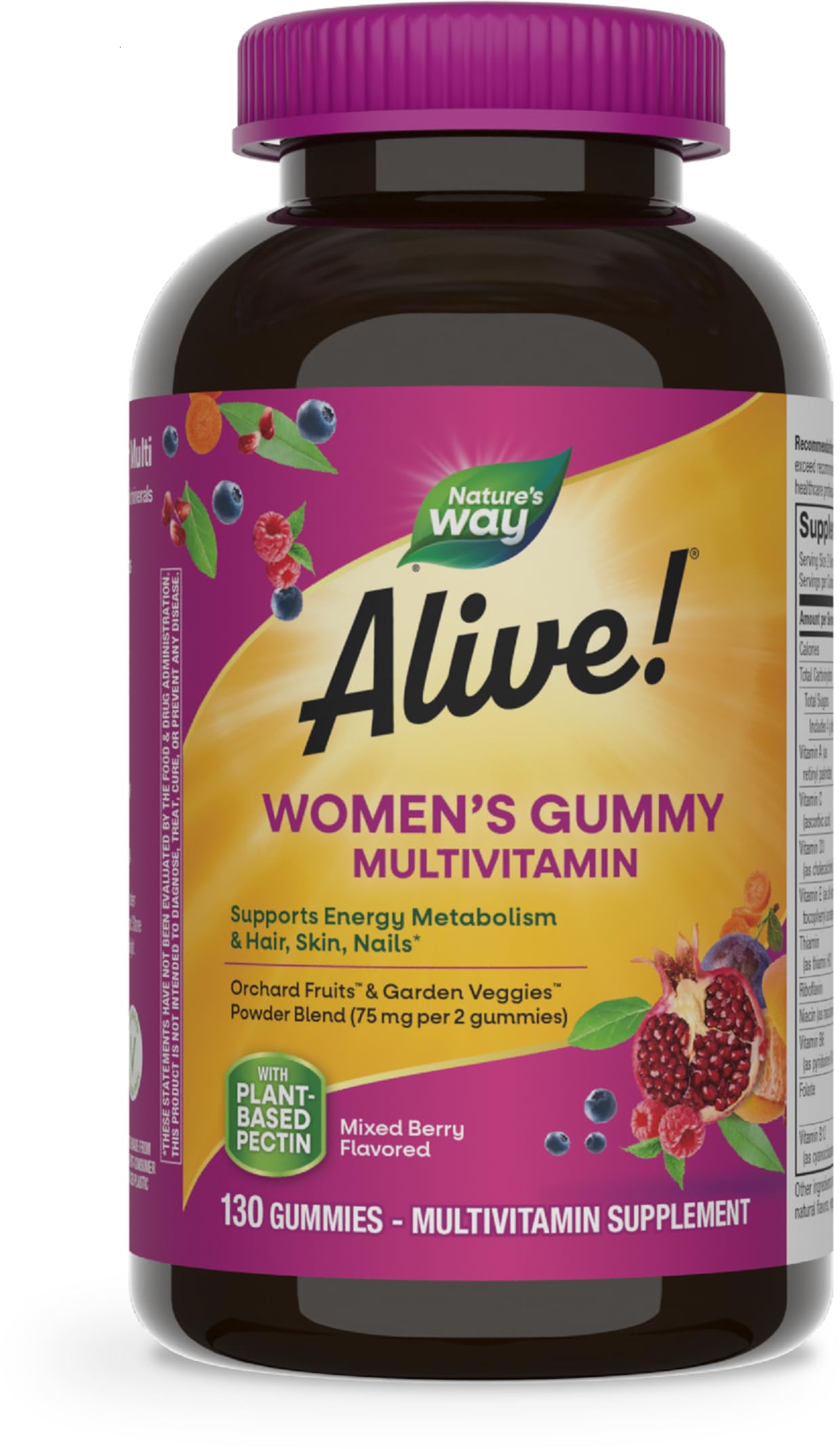 Nature's Way Alive! Women's Daily Gummy Multivitamins, 16 Vitamins & Minerals, Energy Metabolism*, Hair Skin & Nails*, Vegetarian, Mixed Berry Flavored, 130 Gummies (Packaging May Vary)