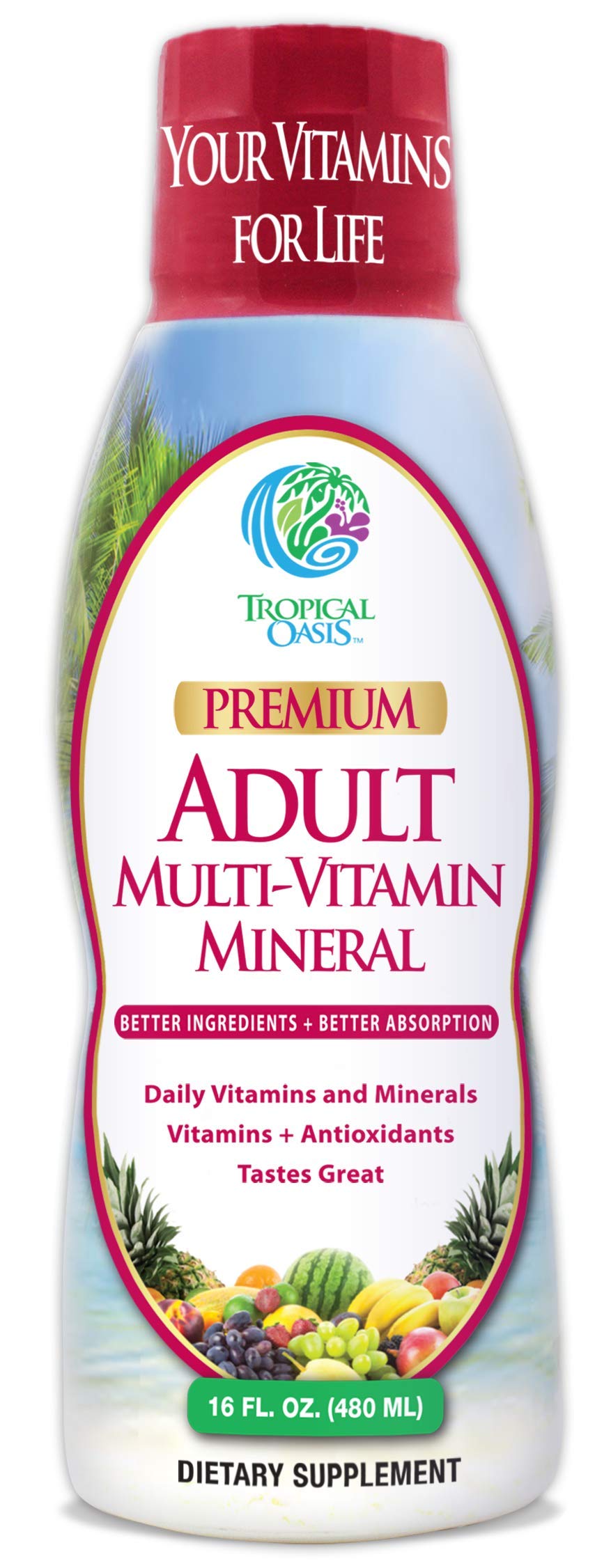 Tropical Oasis Adult Liquid Multivitamin -Liquid Multi-Vitamin and Mineral Supplement with 125 Total Nutrients Including; 85 Vitamins & Minerals, 23 Amino Acids, and 18 Herbs - 16 fl oz, 32 serv