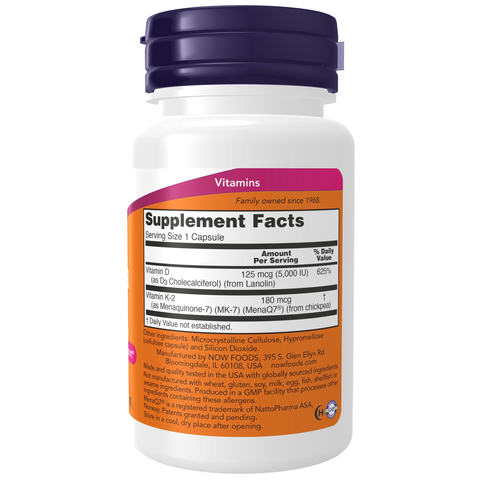 NOW Supplements, Mega D-3 & MK-7 with Vitamins D-3 & K-2, 5,000 IU/180 mcg, Bone & Cardiovascular Support*, 60 Veg Capsules