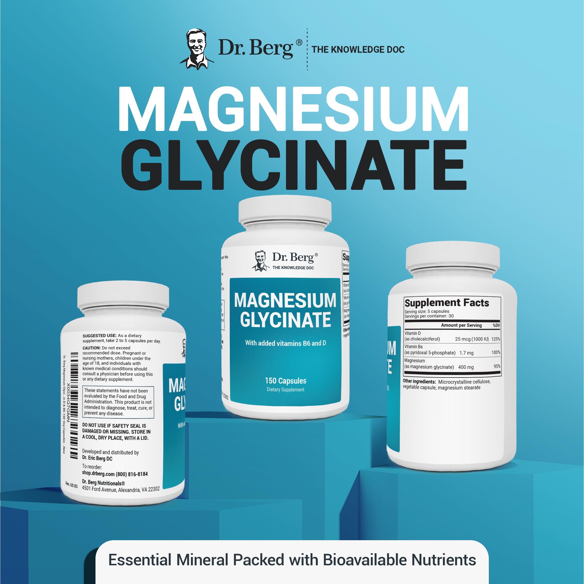 Dr. Berg's Magnesium Glycinate 400mg - Fully Chelated Veg Capsules for Stress, Calm, Relaxation & Sleep Support w/Vitamin D & B6-150